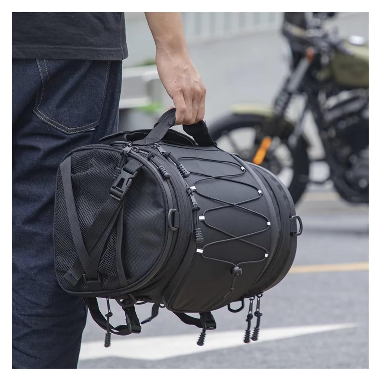 Moto Paraurti Borsa Universale Moto Coda Sissy Bar Espandibile Casco Portaoggetti Posteriore Sella Bagagli Borsa da