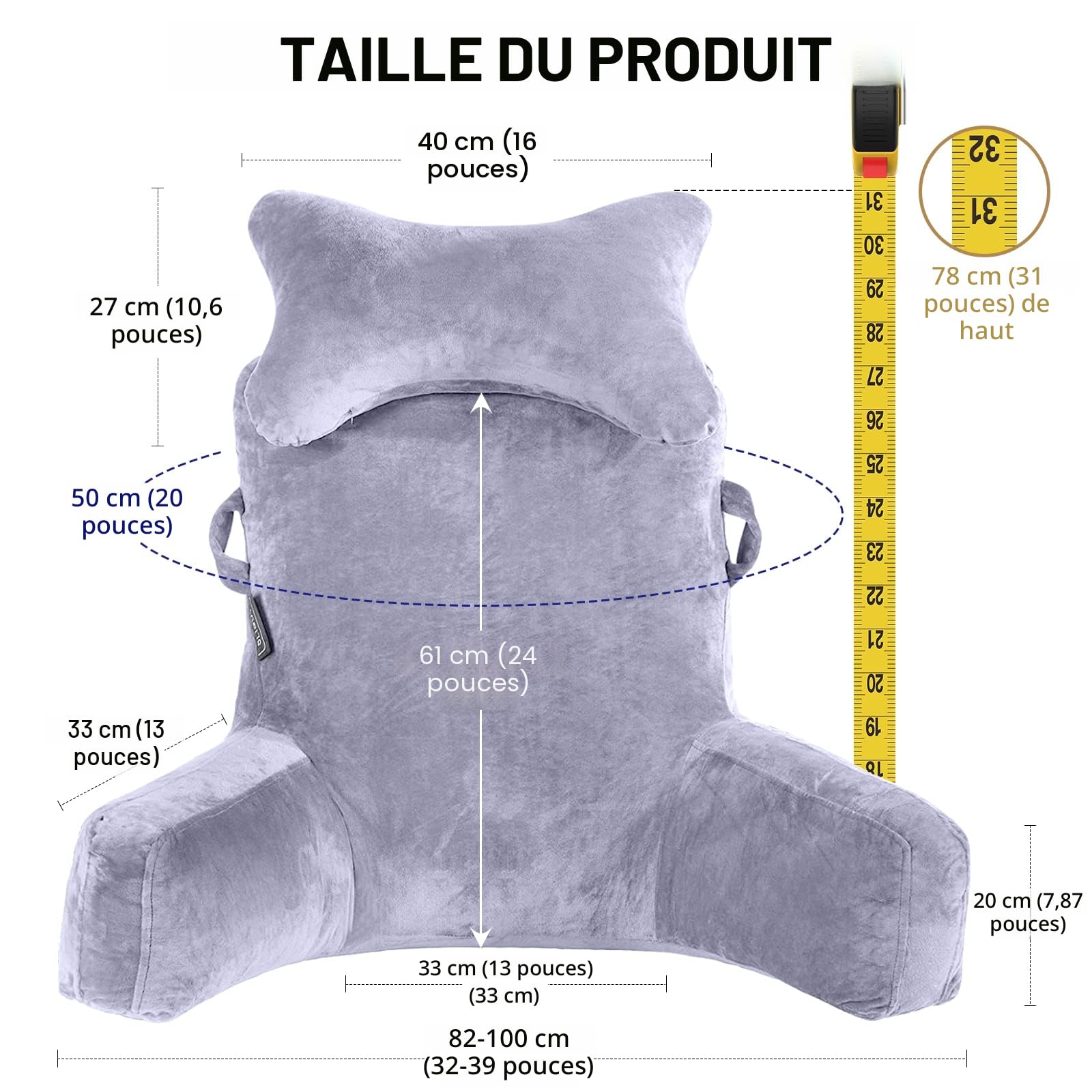 Coussin de lecture extra large de 78,7 cm avec rouleau de cou et accoudoirs amovibles pour s'asseoir dans le lit ou le canapé, coussin de lecture pour adulte, pour lire, regarder la télévision, jouer