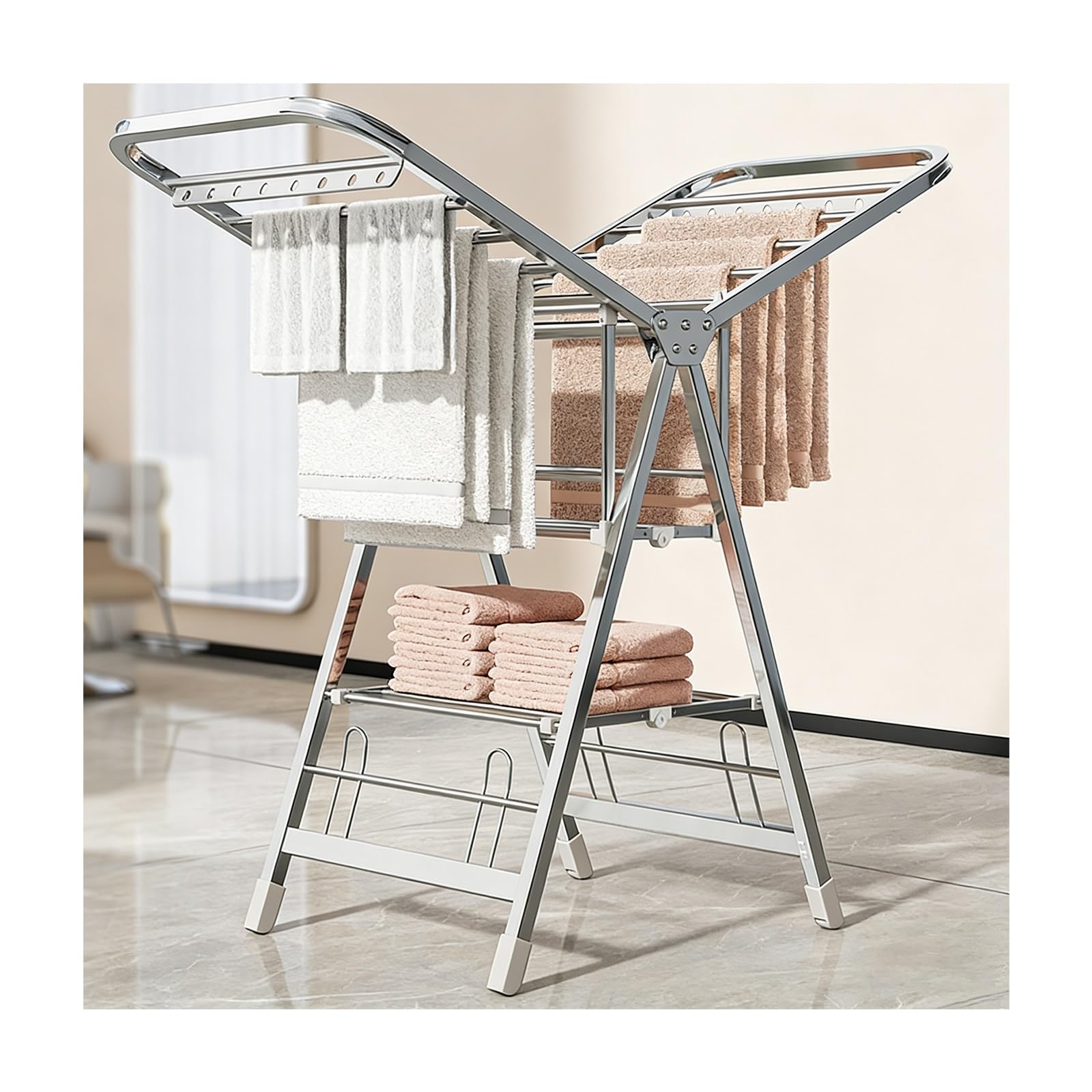 EYRMQWJPC Foldable Clothes Airer， Foldable Laundry Drying Rack, Stainless Steel, Hidden Casters, Indoor Outdoor, 150-180cm(Third Tier+shoe Rack,160cm)