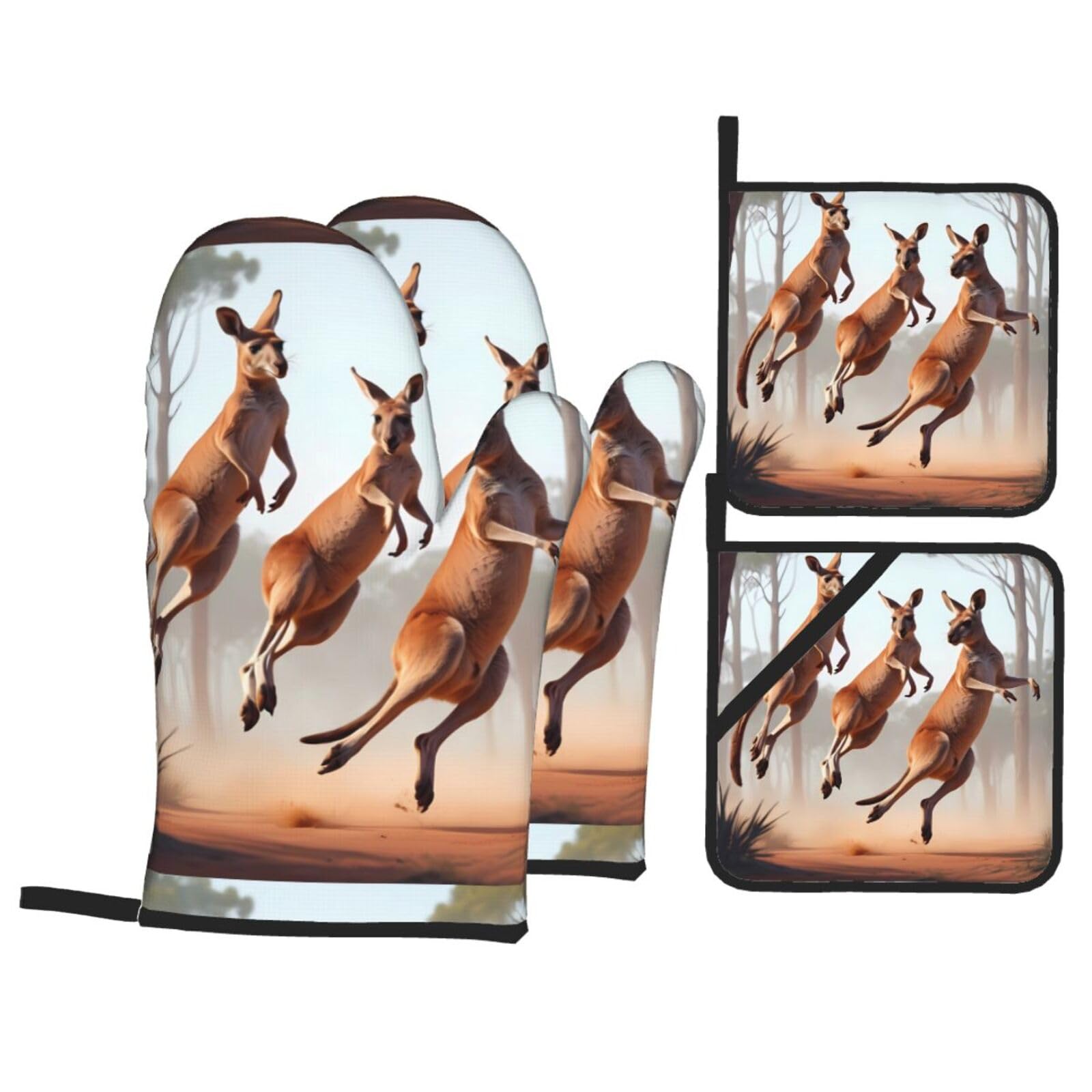 HJFCZH Bouncing Kangaroos Picture Kitchen Baking Set of 4 Thick Insulated Oven Mitt & Pot Holders, Anti-Scalding for Microwave, Oven, Outdoor BBQ