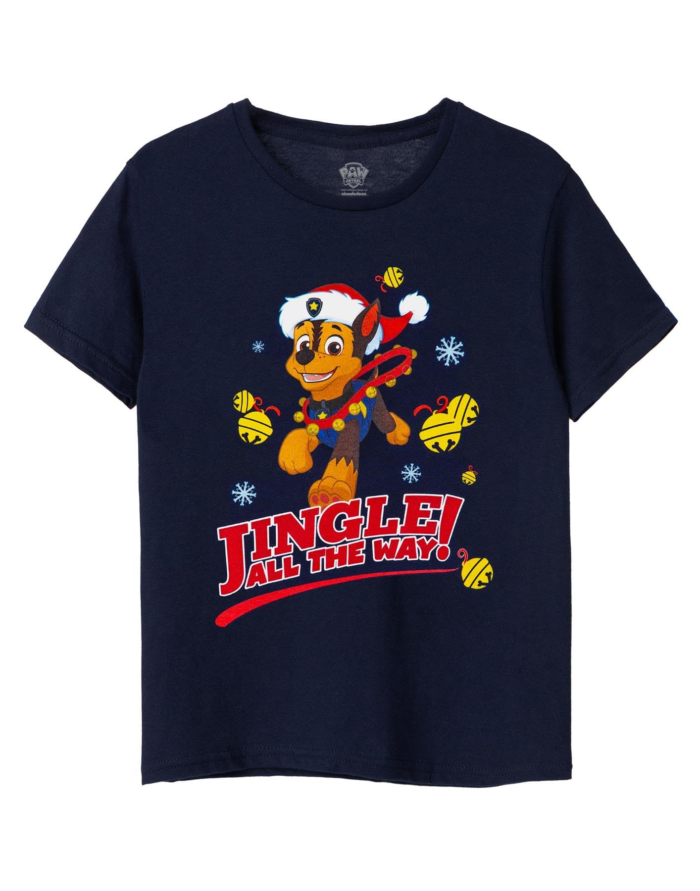 Paw Patrol Boys T-Shirt in Navy Blue | Chase Jingle All the Way Christmas Graphic Tee for Children | Short Sleeve Seasonal Lightweight Top | Festive Holiday Winter Fun Merchandise Gift for Him