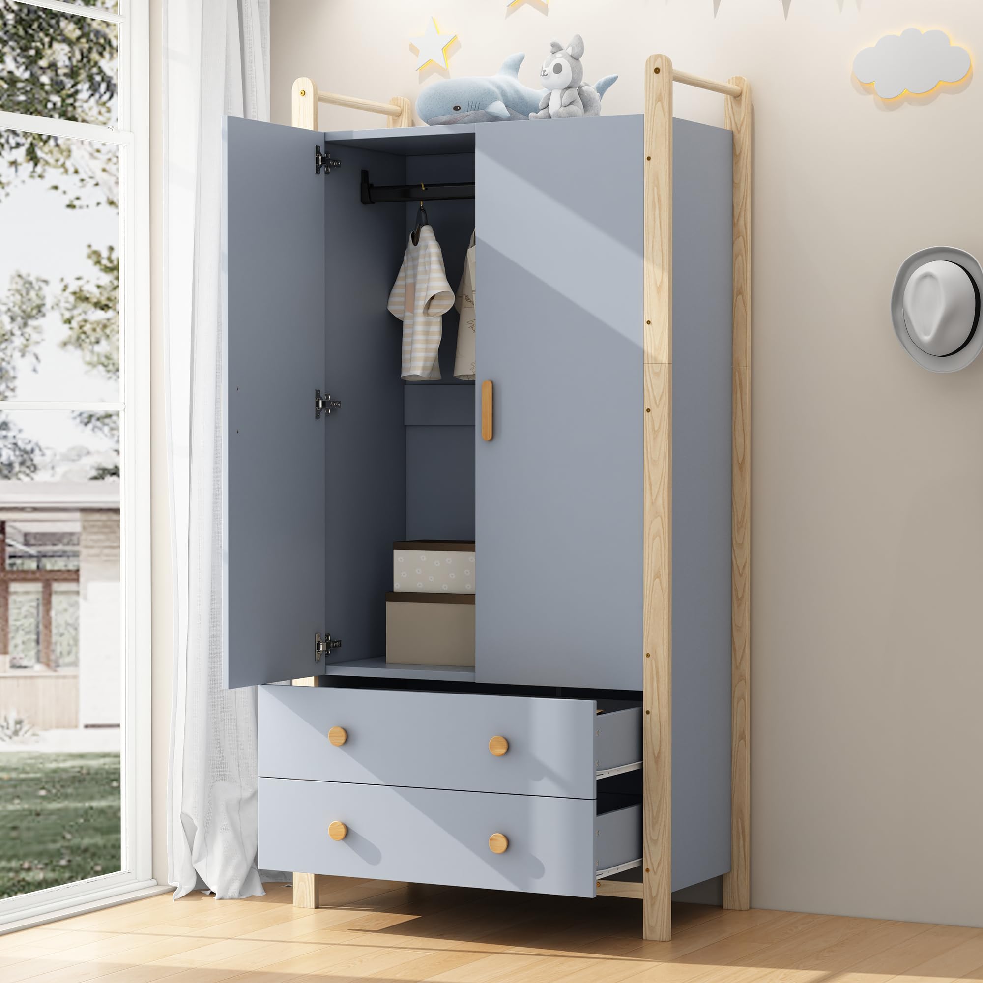 Armario para Niños con 2 Puertas y 2 Cajones 180x90x45 cm Armario Ropero de Madera con Barra para Colgar, Ropero Estrecho Moderno para Dormitorio, Salón, Perchero de Pasillo, Azul y Natural