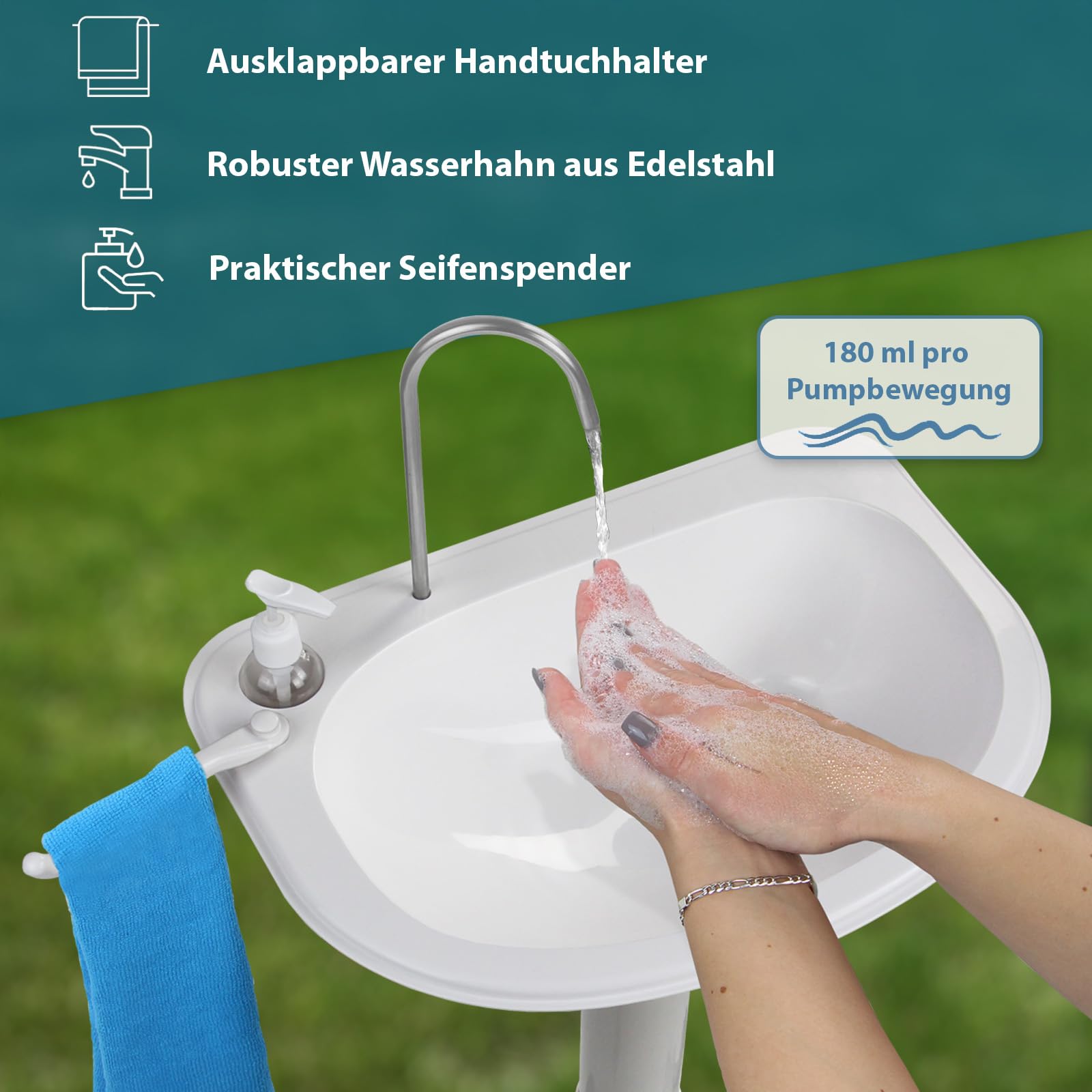 Montafox Mobiles Camping Waschbecken 21 L Frischwassertank - Waschstation mit Fußpumpe Seifenspender Handtuchhalter für Outdoor