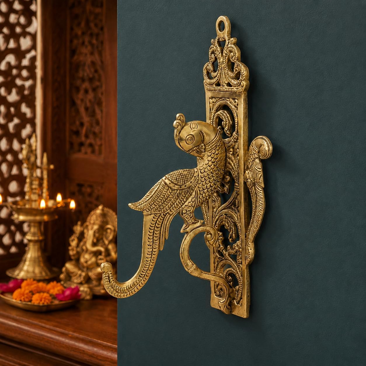 Kartique Designer Brass Parrot Bracket Hook for Hanging Diya | Bell | Wall Hanging | Cloth Hanger Traditonal Parrot Design Diya Holder | Home Decor 10"