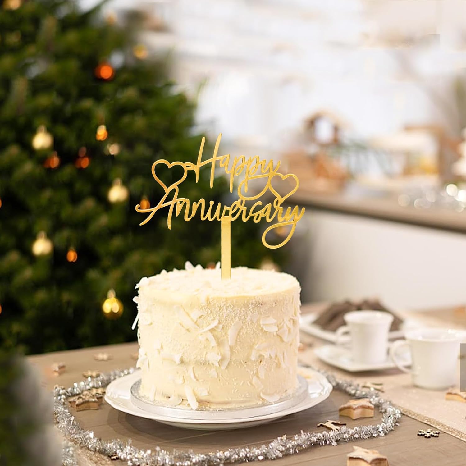 1 PCS Gold Happy Anniversary Cake Topper, Acrylic Heart Cake Decor for Weddings, Anniversaries, or Party Decoration Supplies