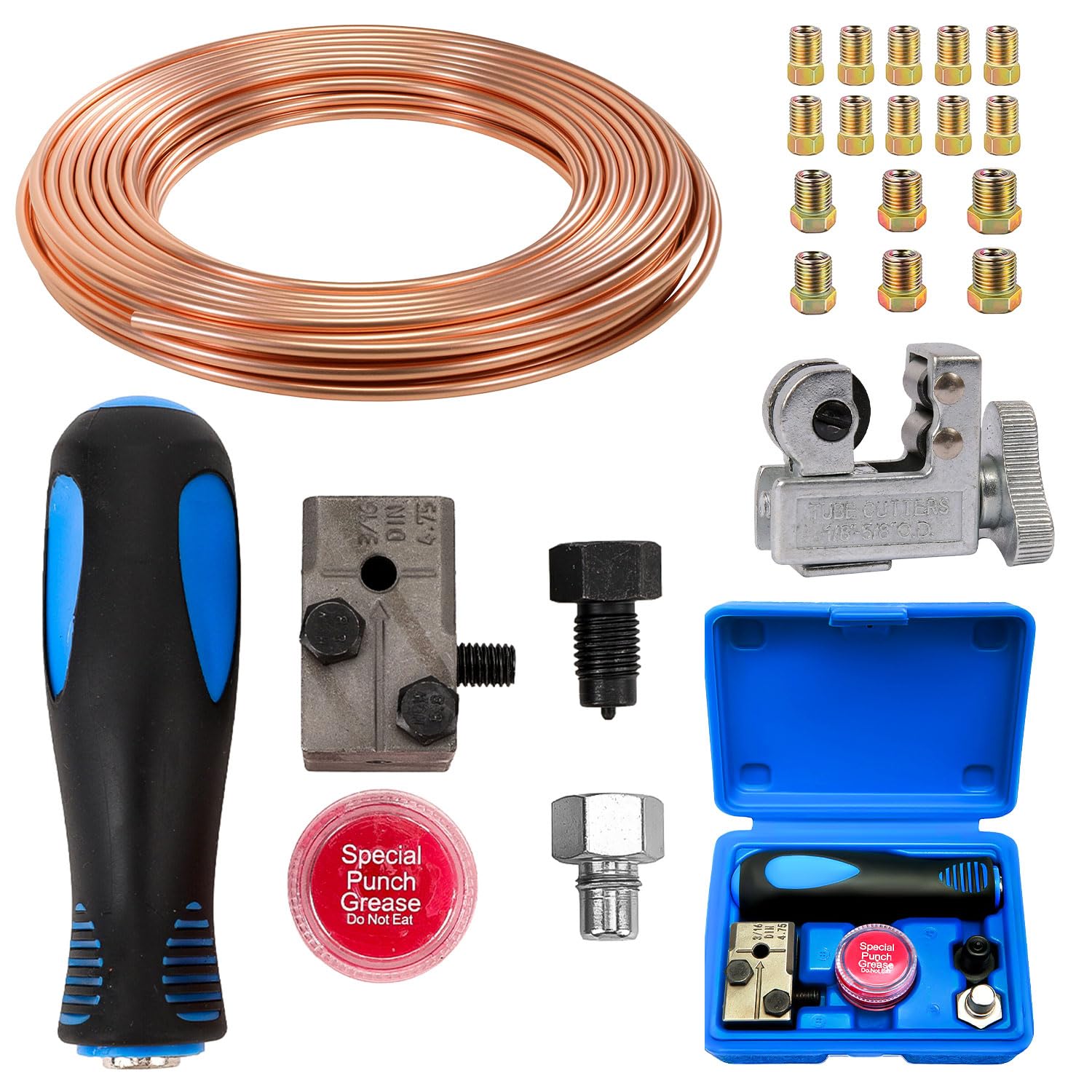 Kit Universale per Svasatura Tubi Freni 4,75 mm, Tubo Freno 4,76 mm x 7,62 m, 16 Raccordi 25FT