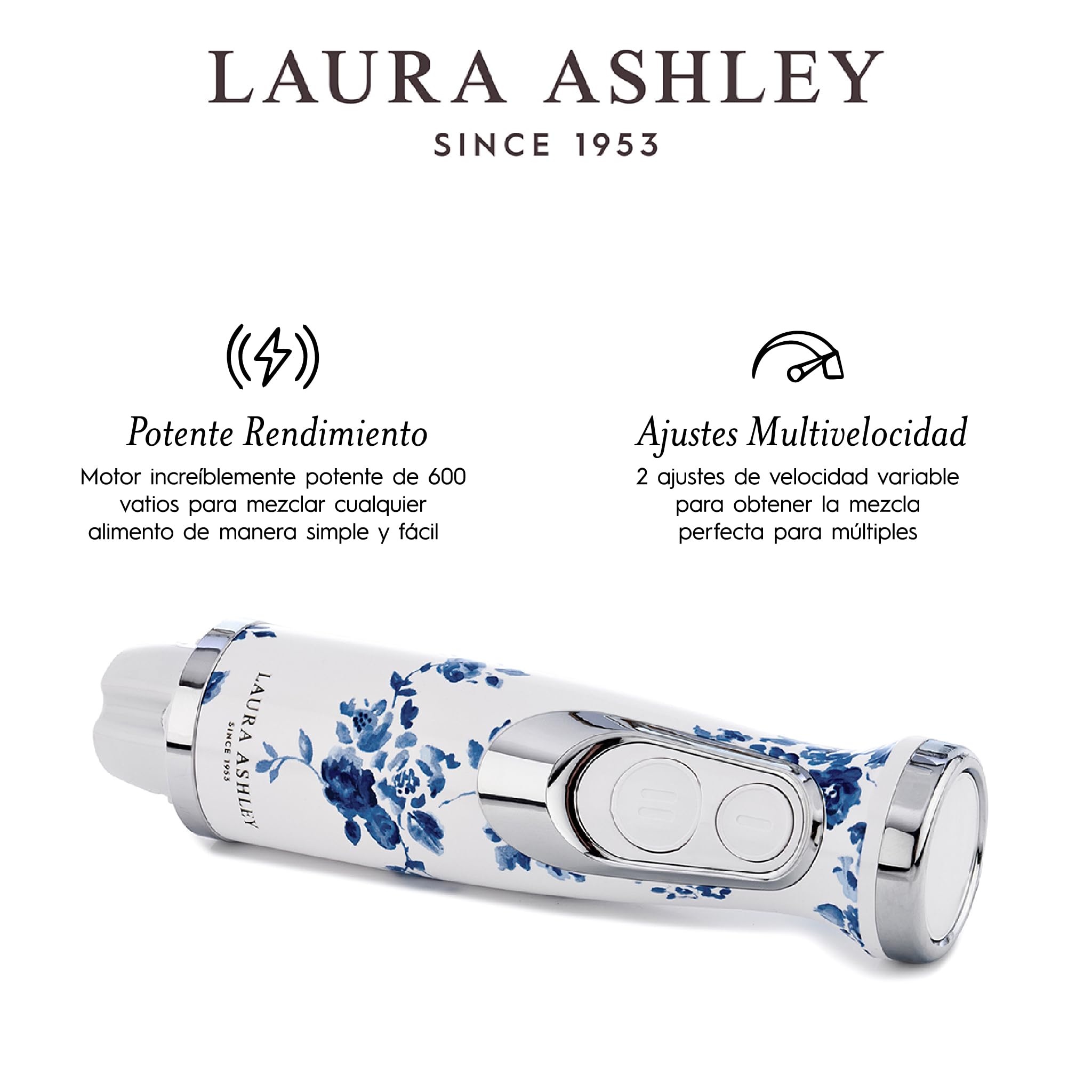 Laura Ashley China Rose 600 W Licuadora 4 en 1 por VQ | Batidora de Varilla con Cuchillas de Acero Inoxidable Duraderas Batidor Bol Para Picar Vaso Mezclador y Vertedor