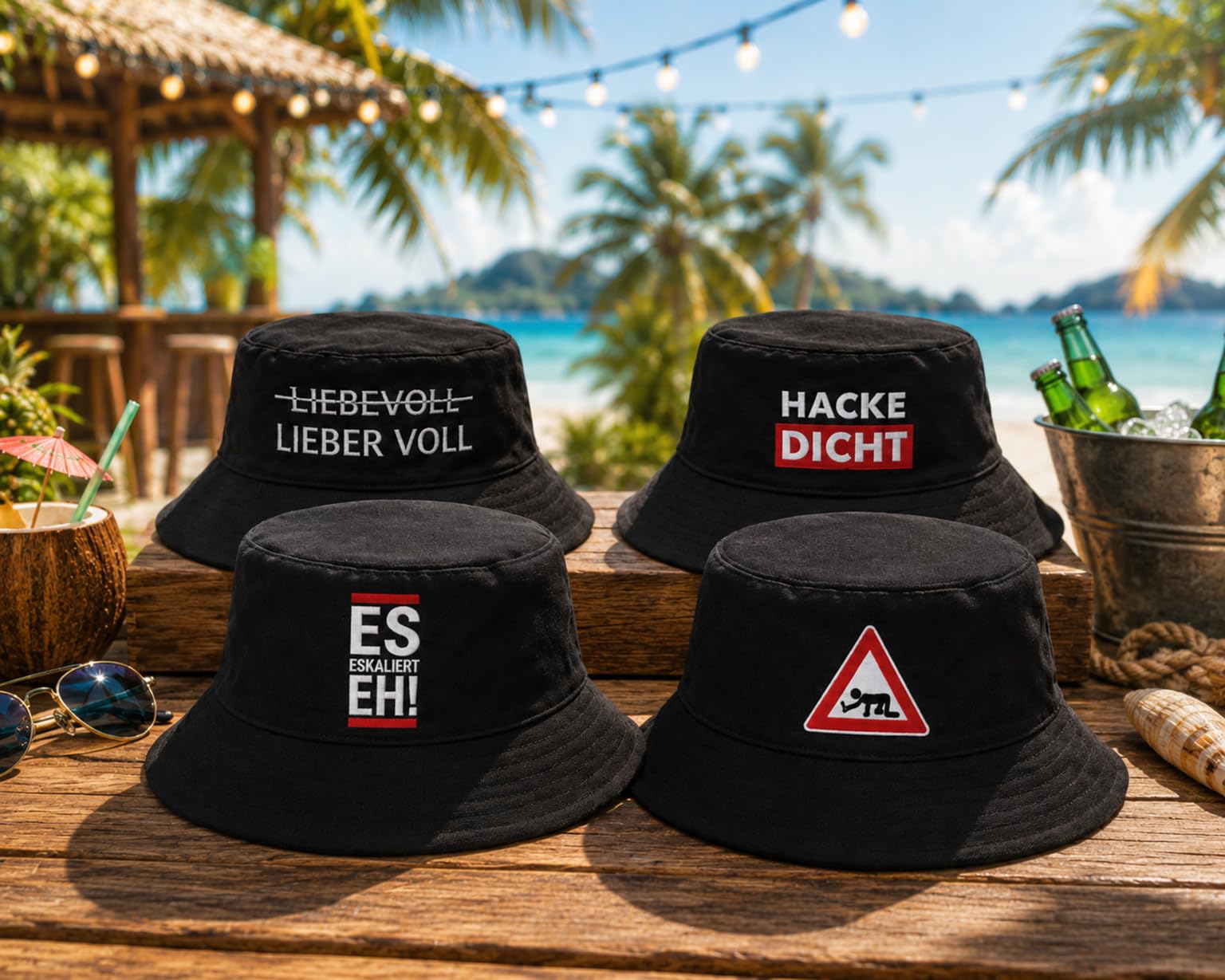 KAMACA 4er Set Fischerhut Partyhut mit Spruch – Bucket Hat – Lustige Partyhüte für Festival, Mallorca Urlaub, JGA, Strand & Sommerparty – Einheitsgröße Unisex