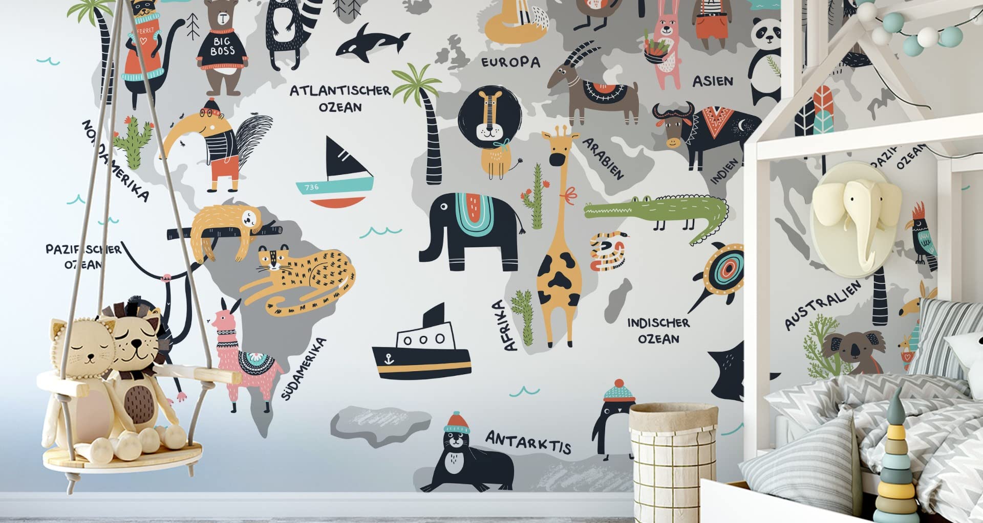 Muralo Fototapeta z włókniny dla dzieci, mapa świata, zwierzęta, rośliny, transport napisów, tapeta XXL, pokój dziecięcy, pokój dziecięcy, sypialnia, szer. 360 x wys. 240 cm
