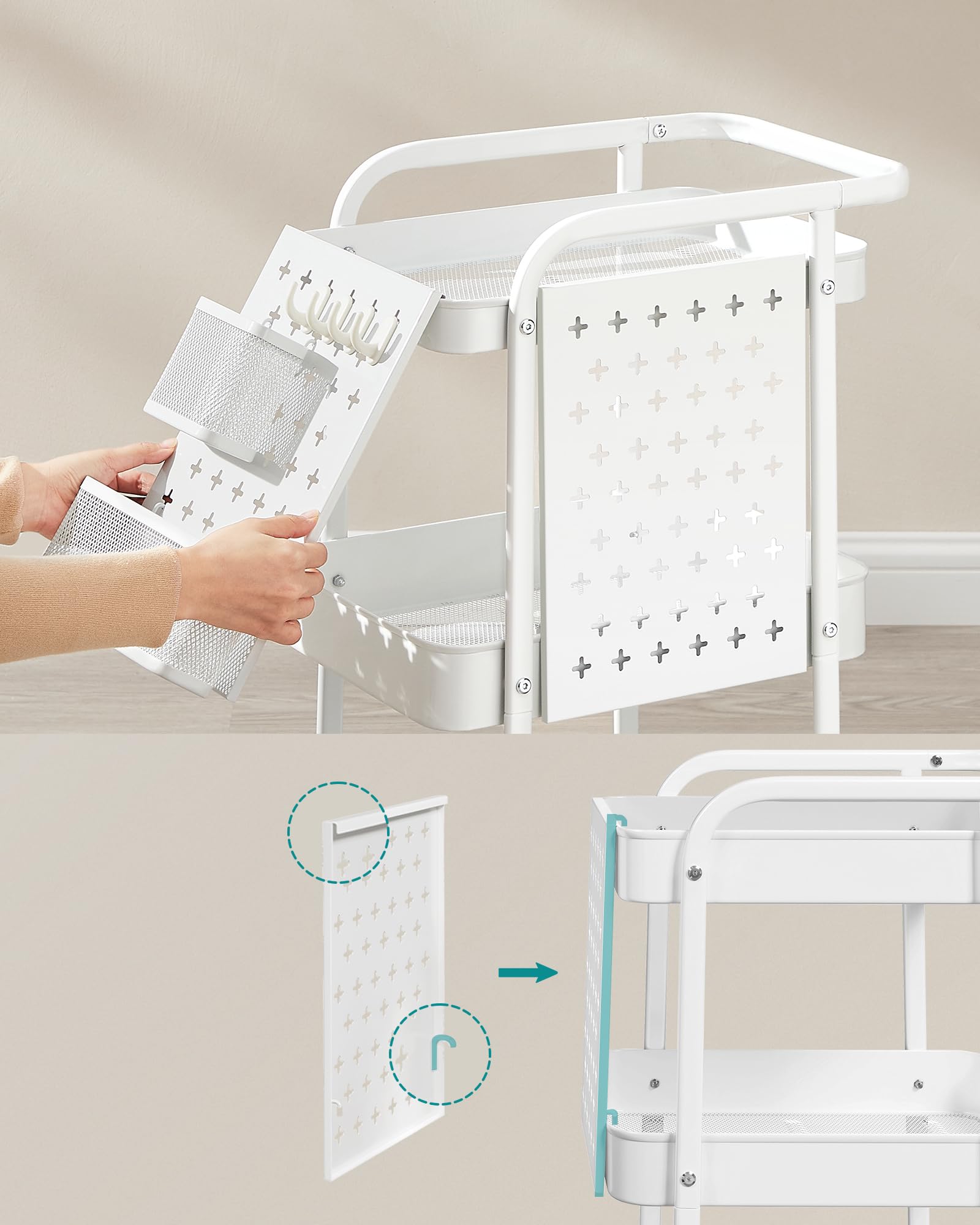SONGMICS 3-Tier Opbergwagen, Rollende Kar met Tafelblad, 2 Afneembare Hangende Bekers, 6 Zijzakken, Gebruikskar voor Woonkamer, Kantoor, Keuken, Badkamer, Wolkenwit LRC036W01 SONGMICS 3-Tier Opbergwagen, Rollende Kar met Tafelblad, 2 Afneembare Hangende Bekers, 6 Zijzakken, Gebruikskar voor Woonkamer, Kantoor, Keuken, Badkamer, Wolkenwit LRC036W01