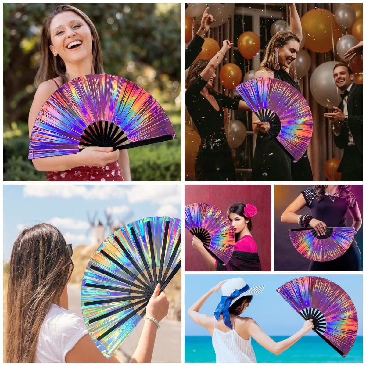 Abanico plegable grande brillante metálico 10" chino para fiestas festivales Kung Fu Tai Chi bailes rave