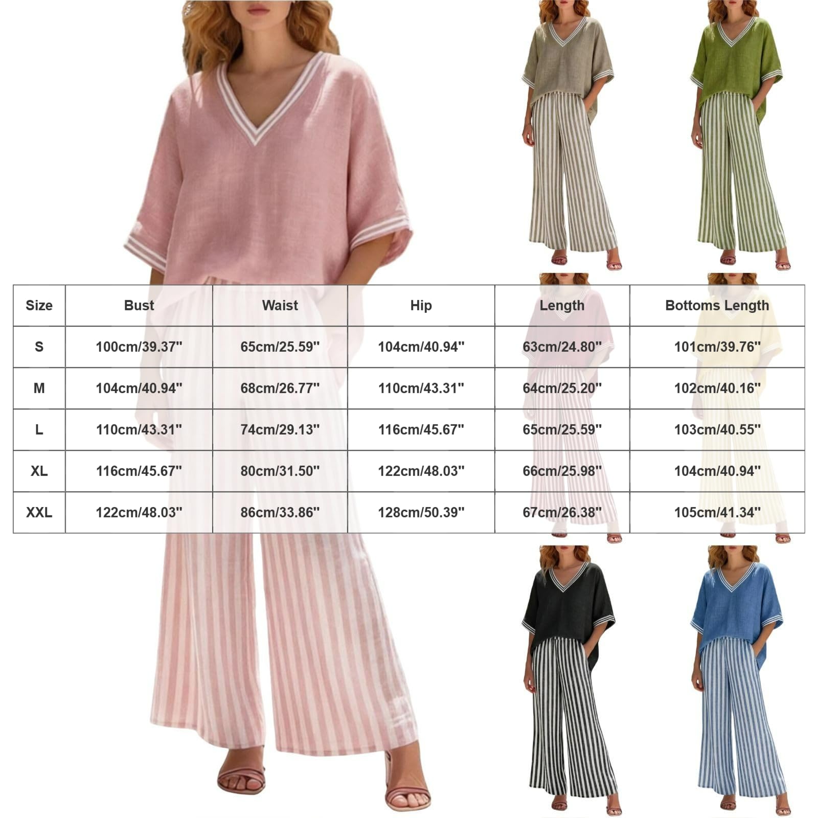 Genérico Conjunto Mujer De Dos Piezas Para Mujer Verano Cuello V Manga Murciélago Contraste Pantalones Anchos Cómodo Elegante Para Salir Diario Talla Grande Estilo Casual Holgado Talla Grande
