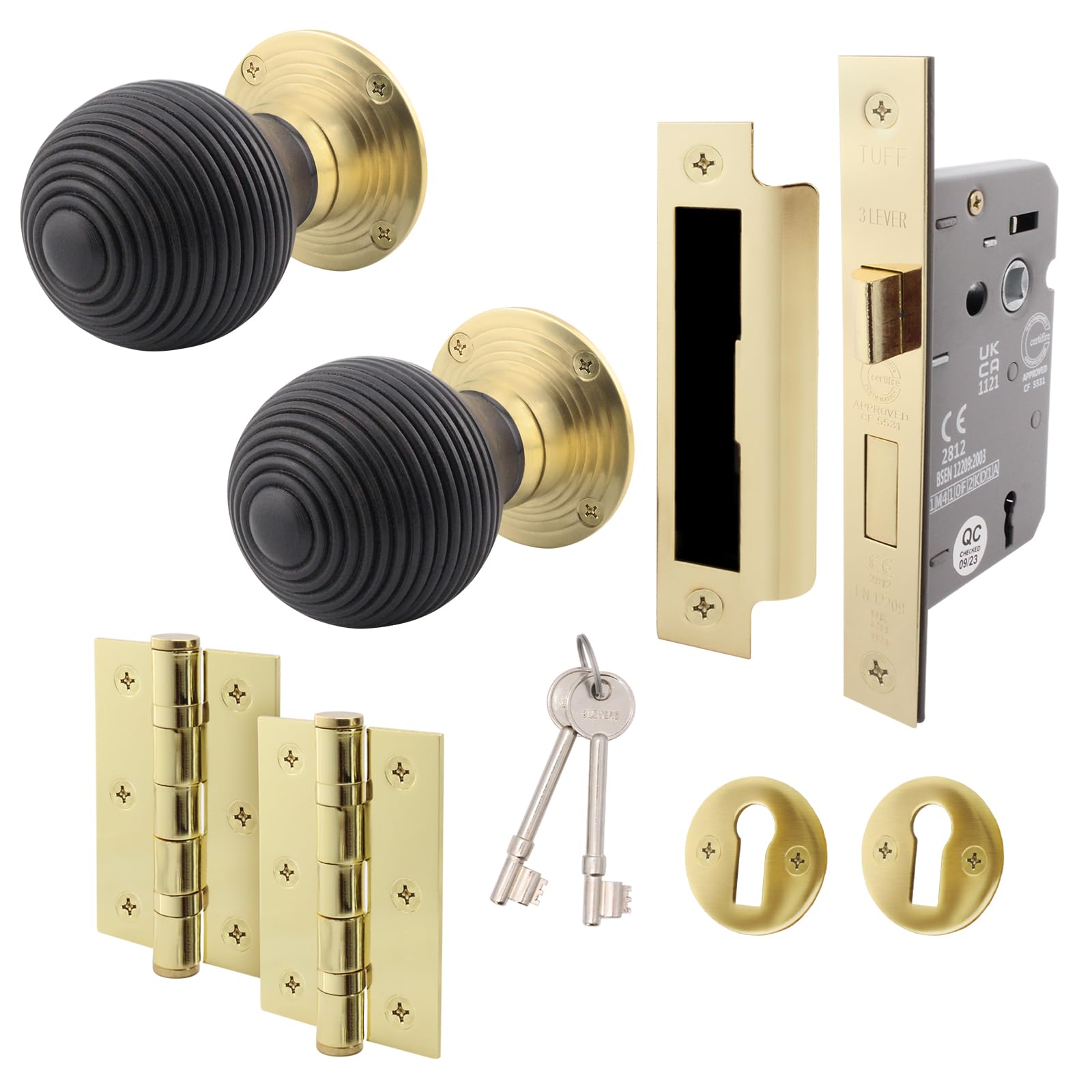 Eai Black Ebony Wood Key Lock Door Knob Set | 1 Pair Of Mortice Knobs (55Mm), Sash Lock (80Mm) & Hinges (76Mm) For Internal Doors