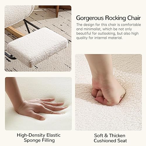 Miniatura 7 de Furniliving Mecedora para cuarto de bebé, moderna silla mecedora tapizada, mecedora con reposapiés retráctil, silla de lectura con respaldo alto,