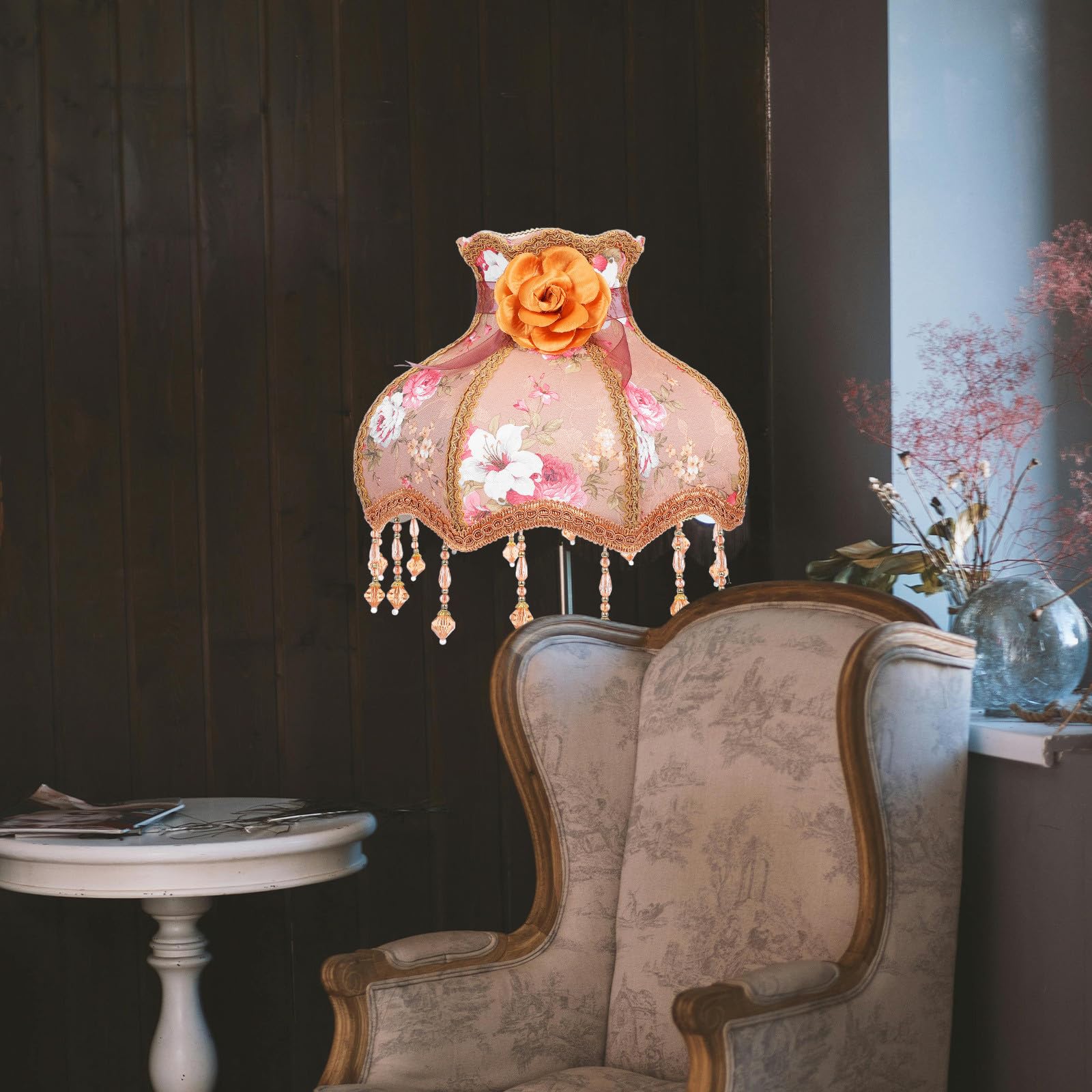 Vintage Lampenschirm aus Gewebe mit zartem Spitzenmuster braunem Fransen Lampenschirm für Tischlampe