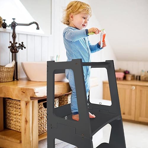 Miniatura 5 de QLFJ-FurDec Taburete de cocina para niños con riel de seguridad, 2 en 1 convertible de madera para niños, taburete de aprendizaje para niños, torre