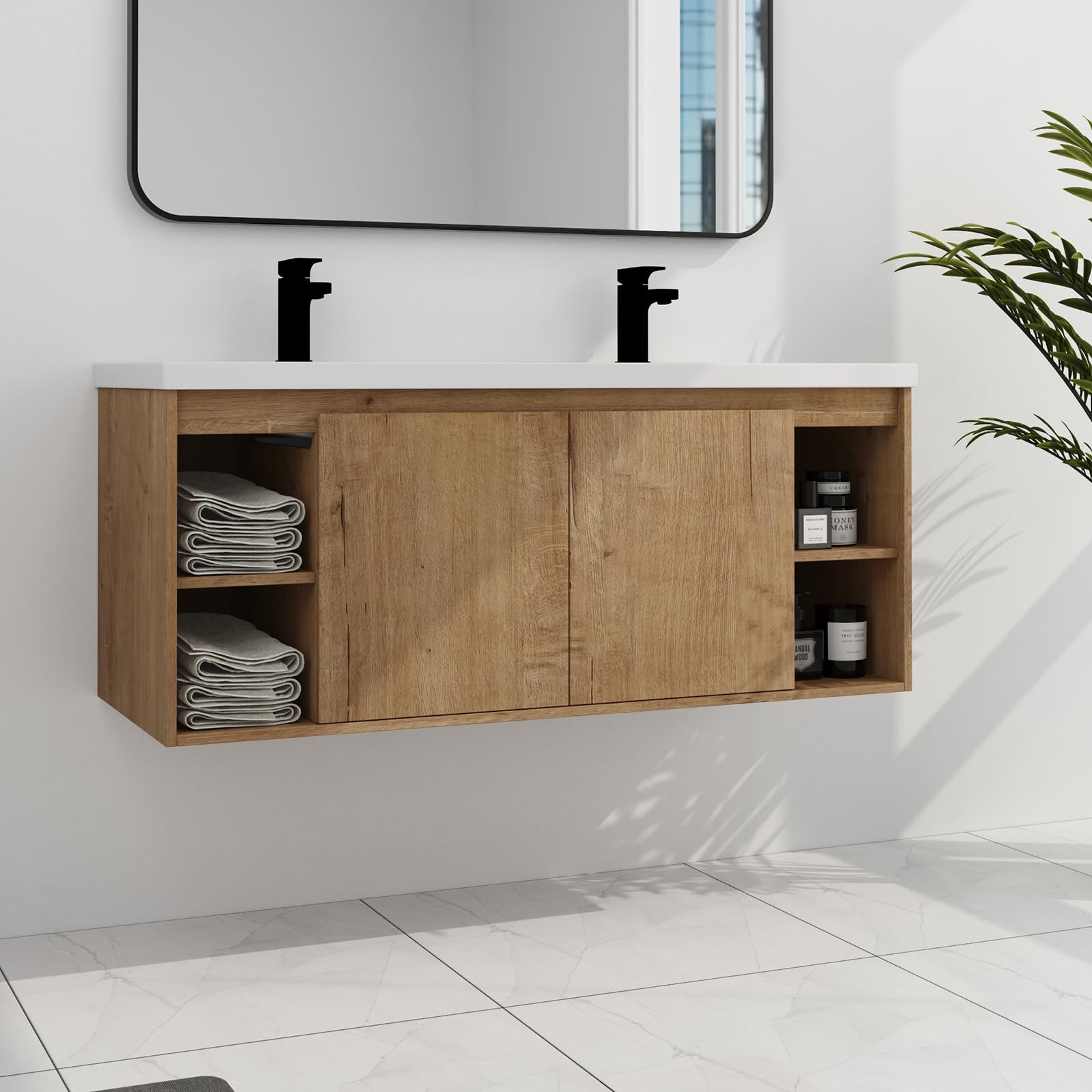 Pvillez48" Double Sink Bathroom Vanity, Floating Double Bathroom Vanity with Resin Sink Basin Top, Wall Mounted Modern Wood Bathroom Vanity Cabinet w/Soft Close Doors & Side Open Storage Compartments