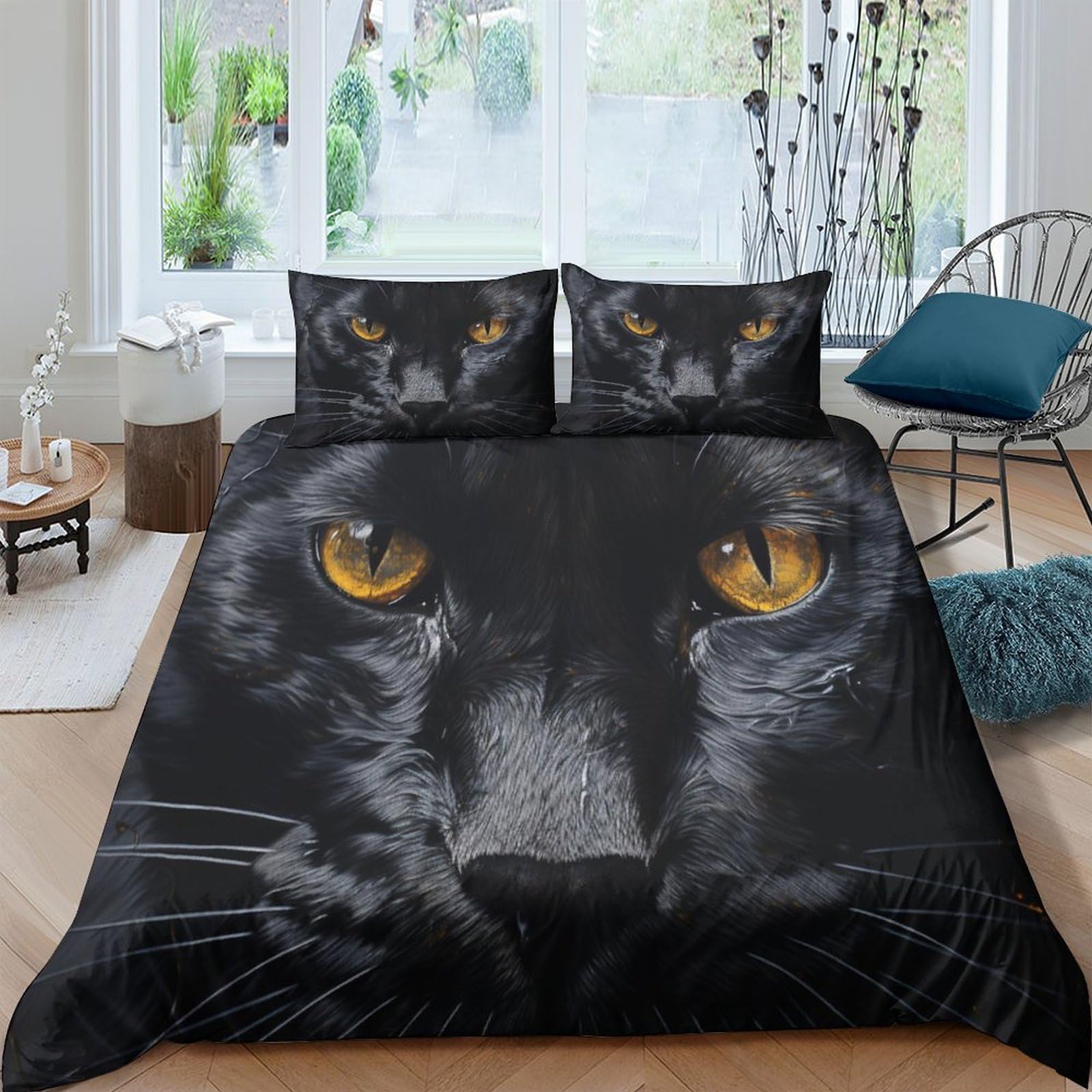 Housse de couette panthère 3D style noir 3 pièces lit 2 personnes