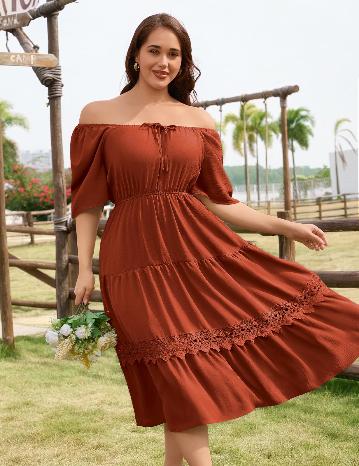 CMTOP Sommerkleid Damen Große Größen Kleider Sommer Maxikleider Elegant Quadratischer Ausschnitt Midikleid Gerafft Lang Freizeitkleid Leicht Fließend Strandkleid Kurzarm A Linie
