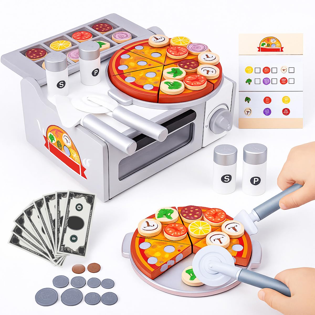 Wooden Pizza Oven Toy Play Set with Pretend Play Slice Cutting Food & Removable Toppings, Pizza Peel Cutter Wheel & Box, Kitchen Set, Role Play Cooking Simulation Gift for Children Ages 3+