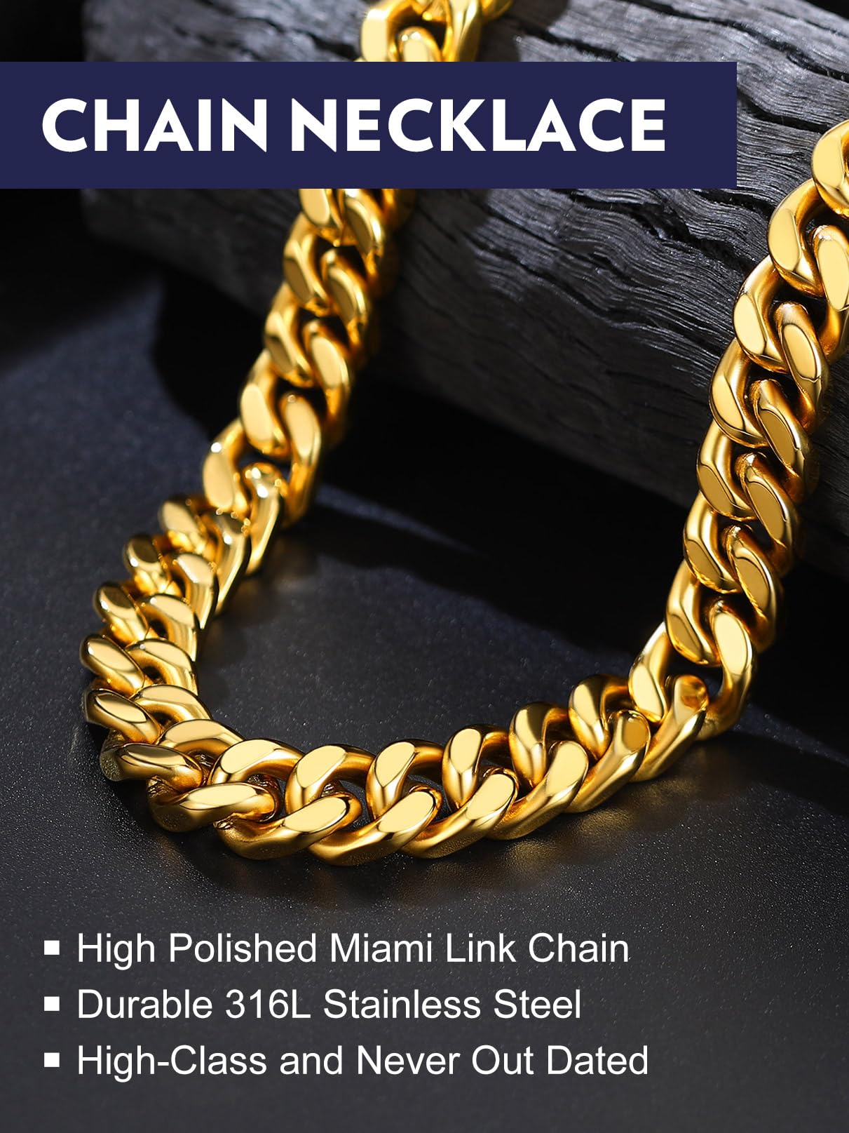Bandmax Collana Uomo a Catena Cubana Sottile Robusta Grossa in Stile Hip Hop Larghezza 5/7/9/12MM Lunghezza 45-76CM in Acciaio Inox/Nero/Oro, Gioielli Uomo di Moda Accessori Unisex per Uomini Ragazzi