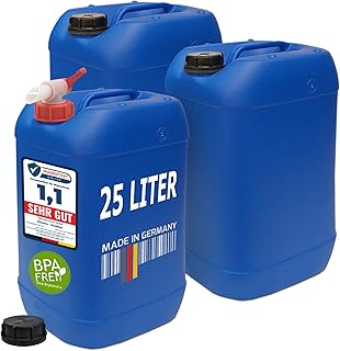 plasteo 25 Liter Getränke Wasserkanister mit 1 Hahn und Schraubdeckeln (DIN 61), Blau