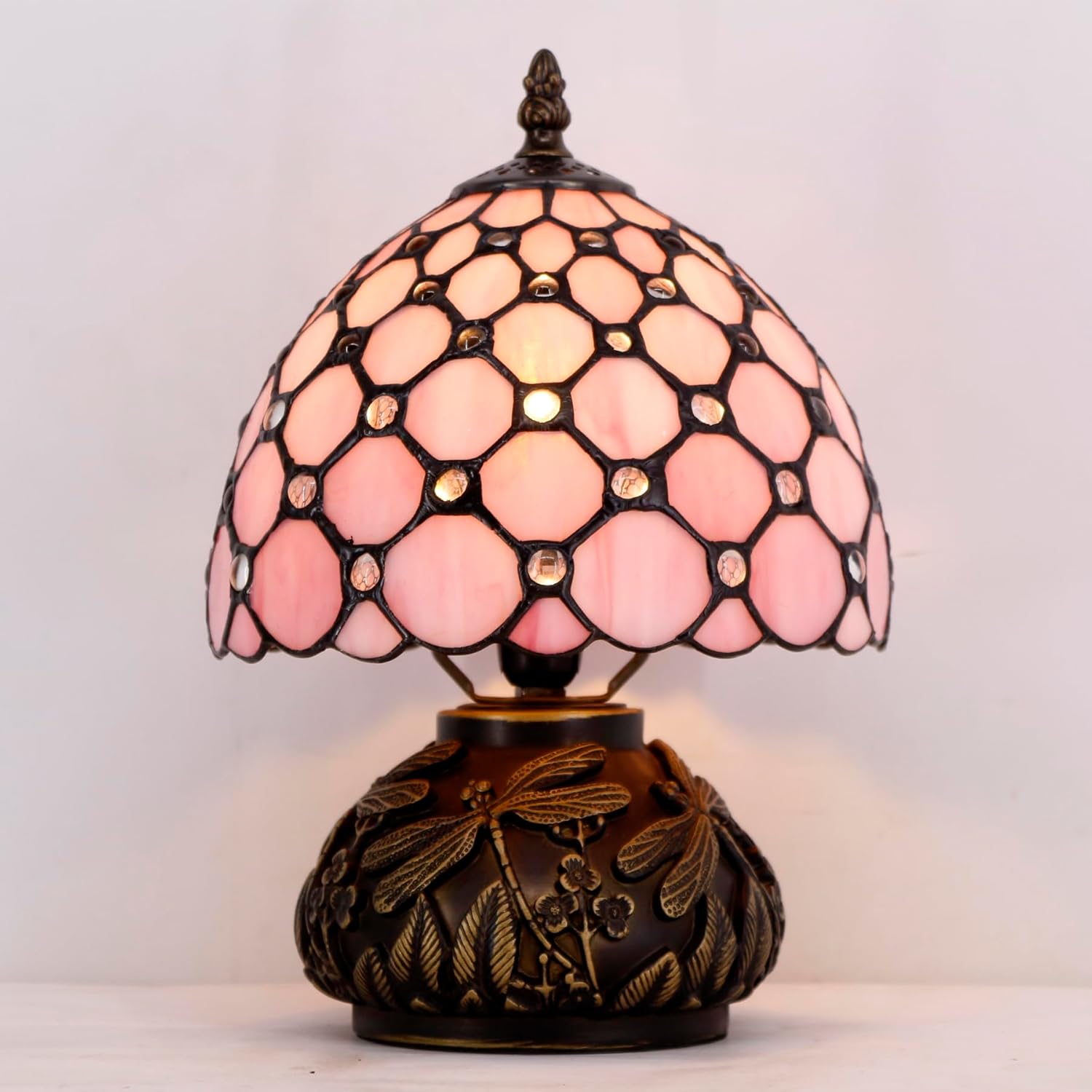 WERFACTORY Small Tiffany Lamp Desk Pink Stained Glass Pearl Bead Mushroom Table Lamp Bronze Mini Accent Lamp W8H11 Inch S005P Series