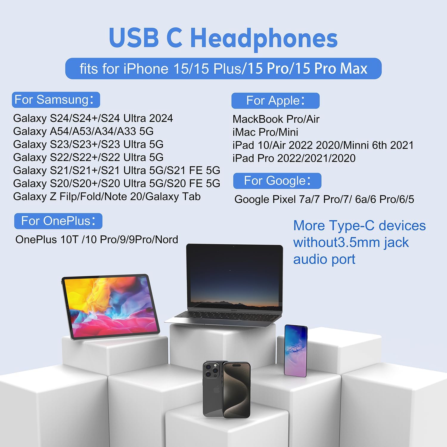 USB C Headphones for iPhone 16 Pro Earbuds Type C Wired Earphones with Mic & Remote Control HiFi Stereo for iPhone 16 Pro/PM/15, iPad Pro, Galaxy S23/S22/S21/Ultra Note 10/20, Pixel 7/6/6