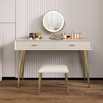 Compact Dressing Table with Stool & LED Mirror, Faux Leather Vanity Desk with 2 Drawers, Extendable Lighted Mirror with Adjustable Brightness, Small Makeup Table for Bedroom