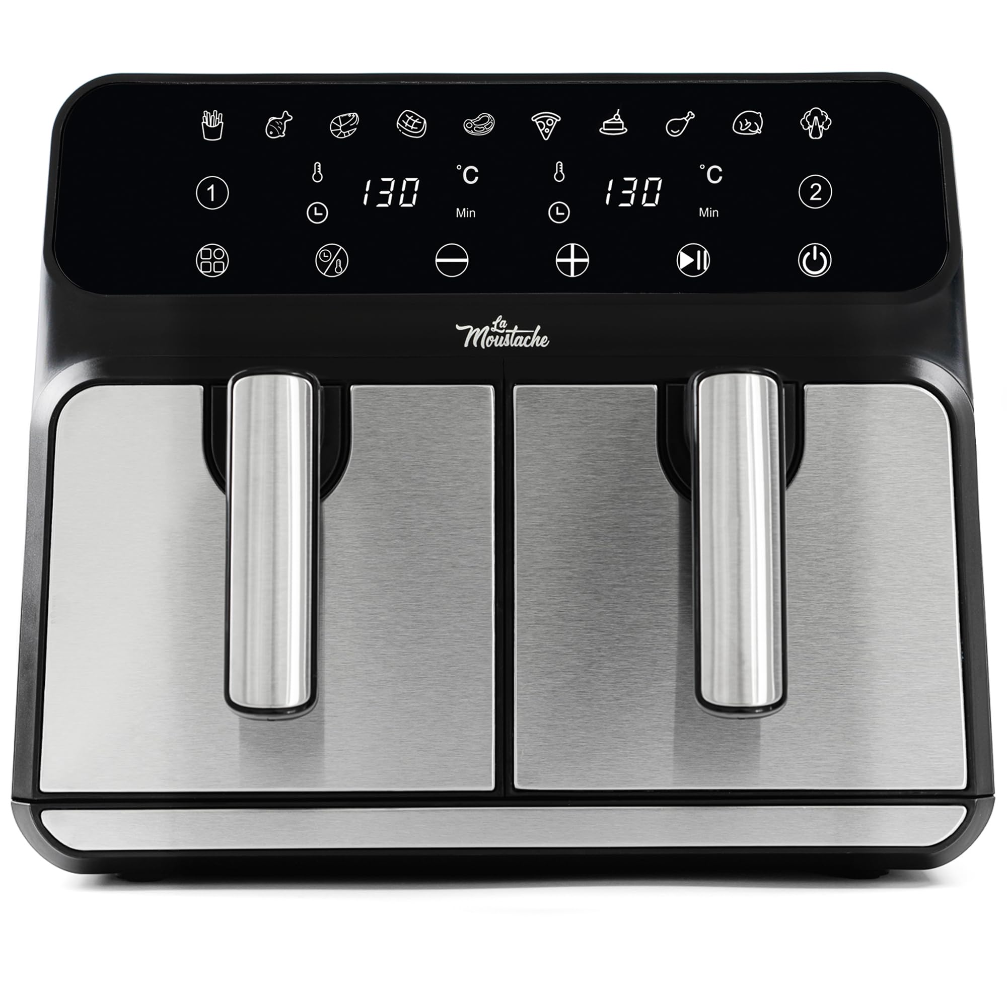 La Moustache - Freidora de Aire sin Aceite 8L【Doble Cesta】Air Fryer 6-1, 1700W, E-Book +50 Recetas, Dietética, Panel Táctil, 10 Modos °C Regulables, Temporizador, Apta para Lavavajillas (DuoFry Gray)