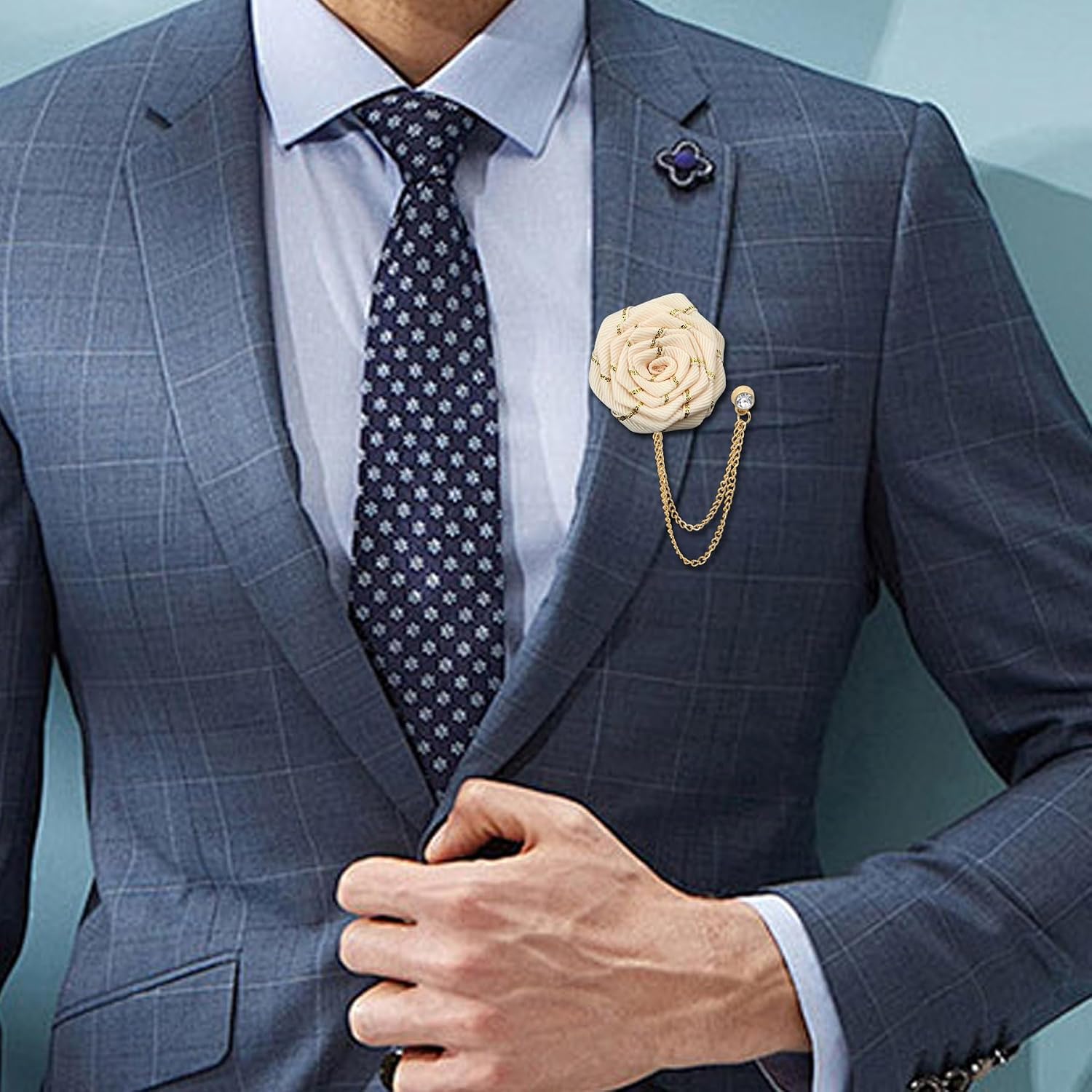 5Pcs Multicolor Rose Flower Lapel Pins for Men Handmade Satin Flower Lapel Pin for Men Suits Fashion Jewelry with Hanging Tassel Chain Brooch Pin Men's Suit Wedding Party Groom Accessories