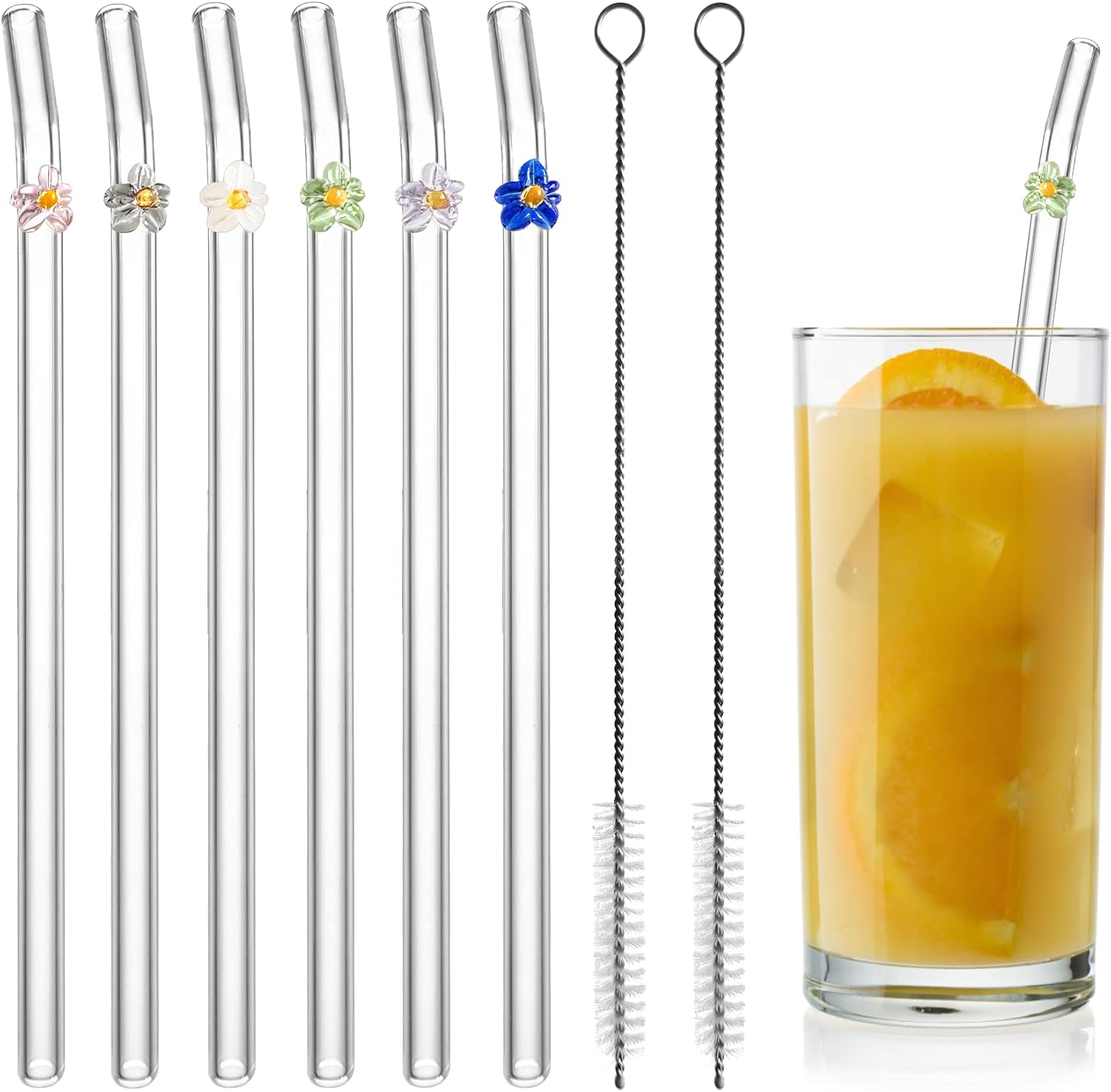 Glass Straws Reusable Drinking Straws, Set of 6 with 2 Cleaning Brushes, with Colorful Flowers