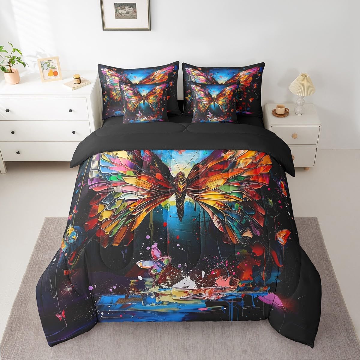 Erosebridal Boho Butterfly Full Bedding Set, Colorful Graffiti Tie Dye Bed in A Bag,Watercolor Print Comforter Sets with Sheets, Exotic Style 7 Pieces Bed Set Bedroom Decor image 2