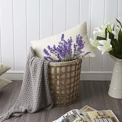 Miniatura 6 de TKS MITLAN Funda de cojín con diseño de flores de lavanda, funda de cojín de lino con flores moradas para sofá, cama, sofá, automóvil, 12 x 20