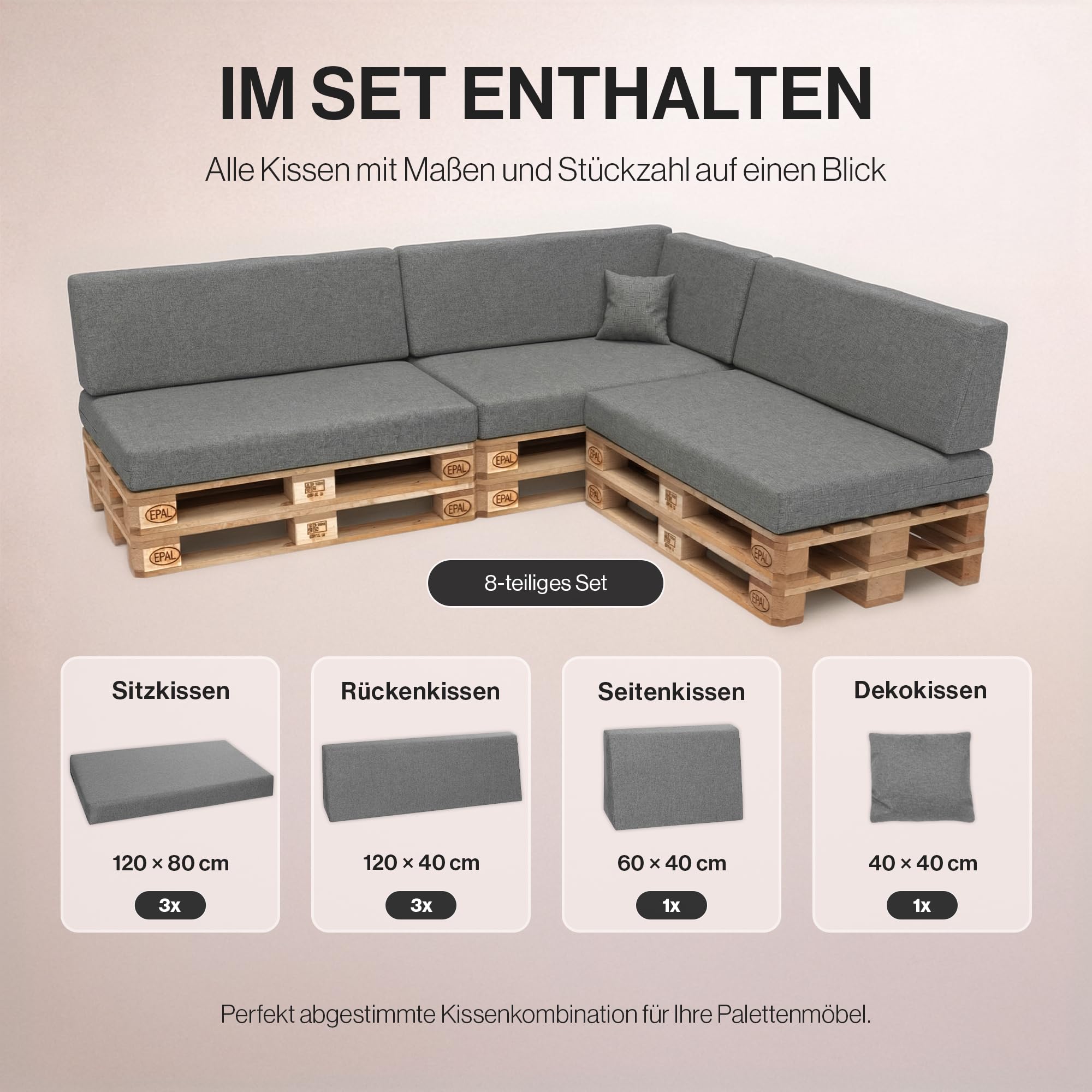 Lot de 8 coussins pour palettes européennes, résistants aux intempéries - 3 coussins d'assise de 120 x 80 cm, 3 coussins de dossier 120 x 40 cm + coussins latéraux 60 x 40 cm + coussins