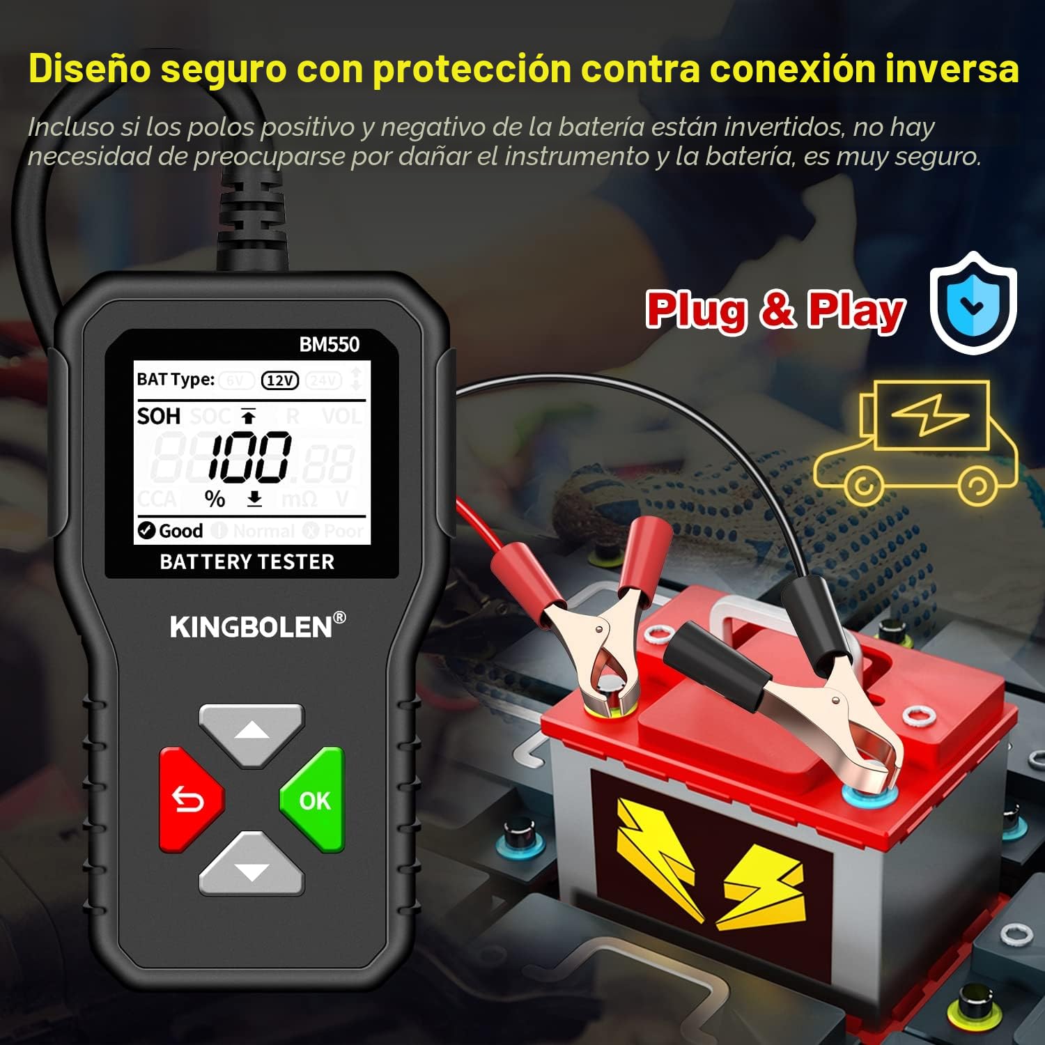 KINGBOLEN Comprobador de baterias de coche 24V/12V/6V, BM550 2-220Ah 100-2000 CCA arrancador baterias coches comprobador de pilas para coche Motocicleta ATV SUV Barco Sistema de prueba y arranque