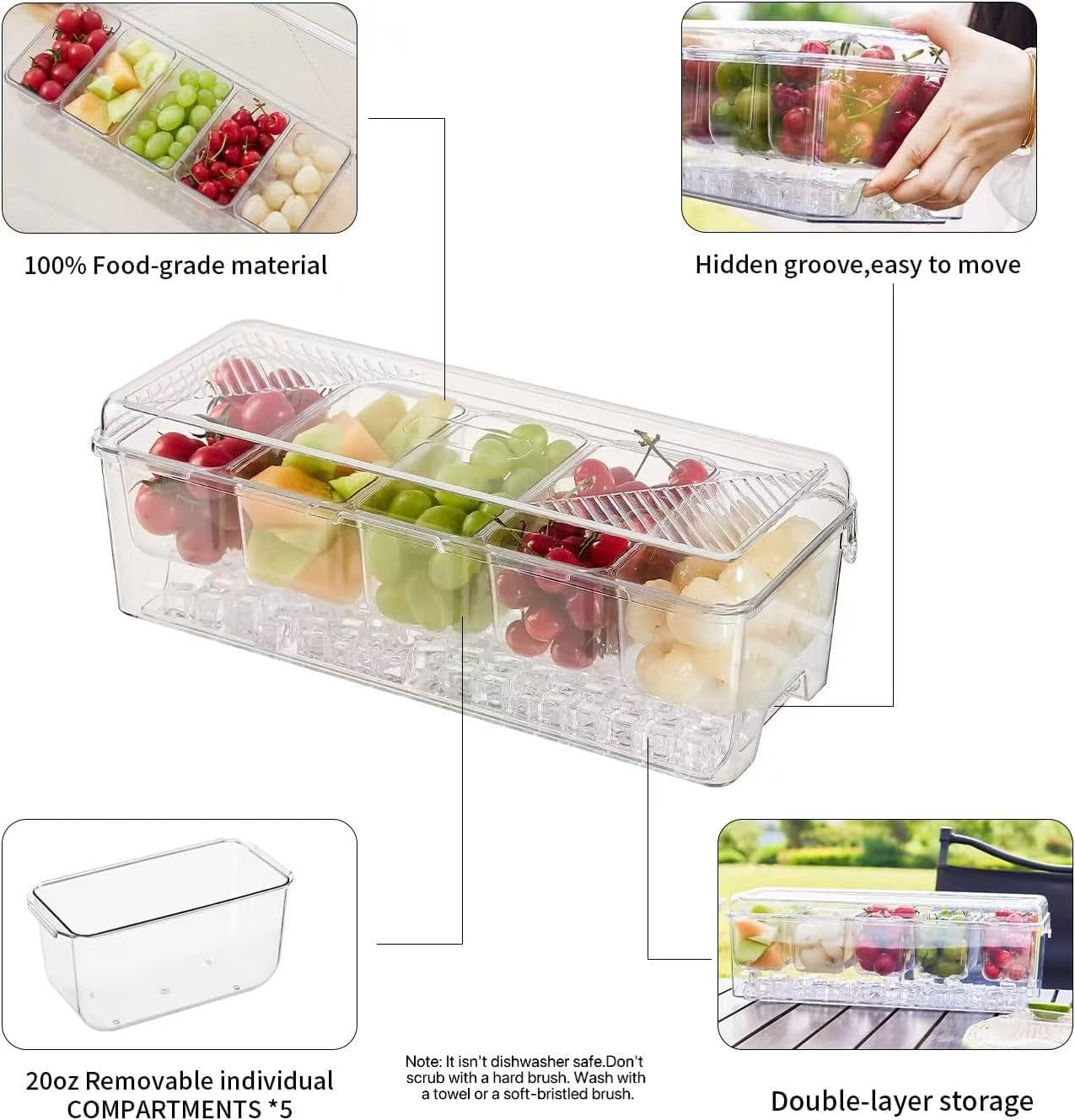 Ice Chilled Condiment Caddy,Stackable Chilled Condiment Containers,Serving Platters with Lid and 5 Removable Compartments,Set of 5 Serving Spoons & 2 Clips (1pack) - Image 2