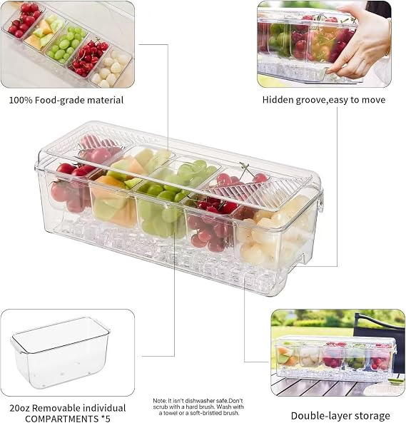 Ice Chilled Condiment Caddy,Stackable Chilled Condiment Containers,Serving Platters with Lid and 5 Removable Compartments,Set of 5 Serving Spoons & 2 Clips (1pack)