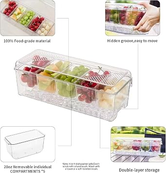 Ice Chilled Condiment Caddy,Stackable Chilled Condiment Containers,Serving Platters with Lid and 5 Removable Compartments,Set of 5 Serving Spoons & 2 Clips (1pack)