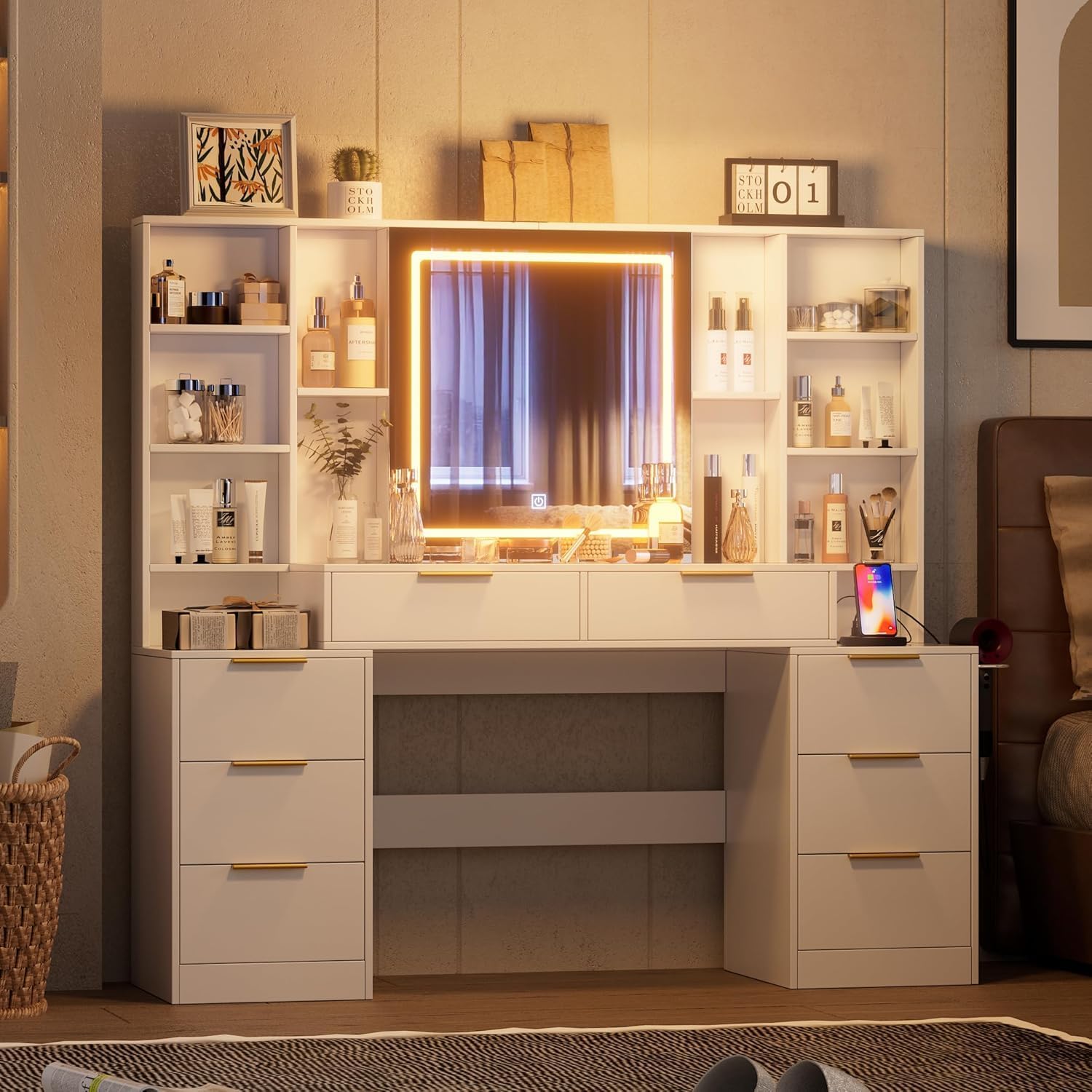 59" Vanity Desk with Mirror and Lights, Makeup Table with Led Mirror and 8 Drawers, Makeup Vanity Desk with Lights for Bedroom, 3 Lighting Colors, White