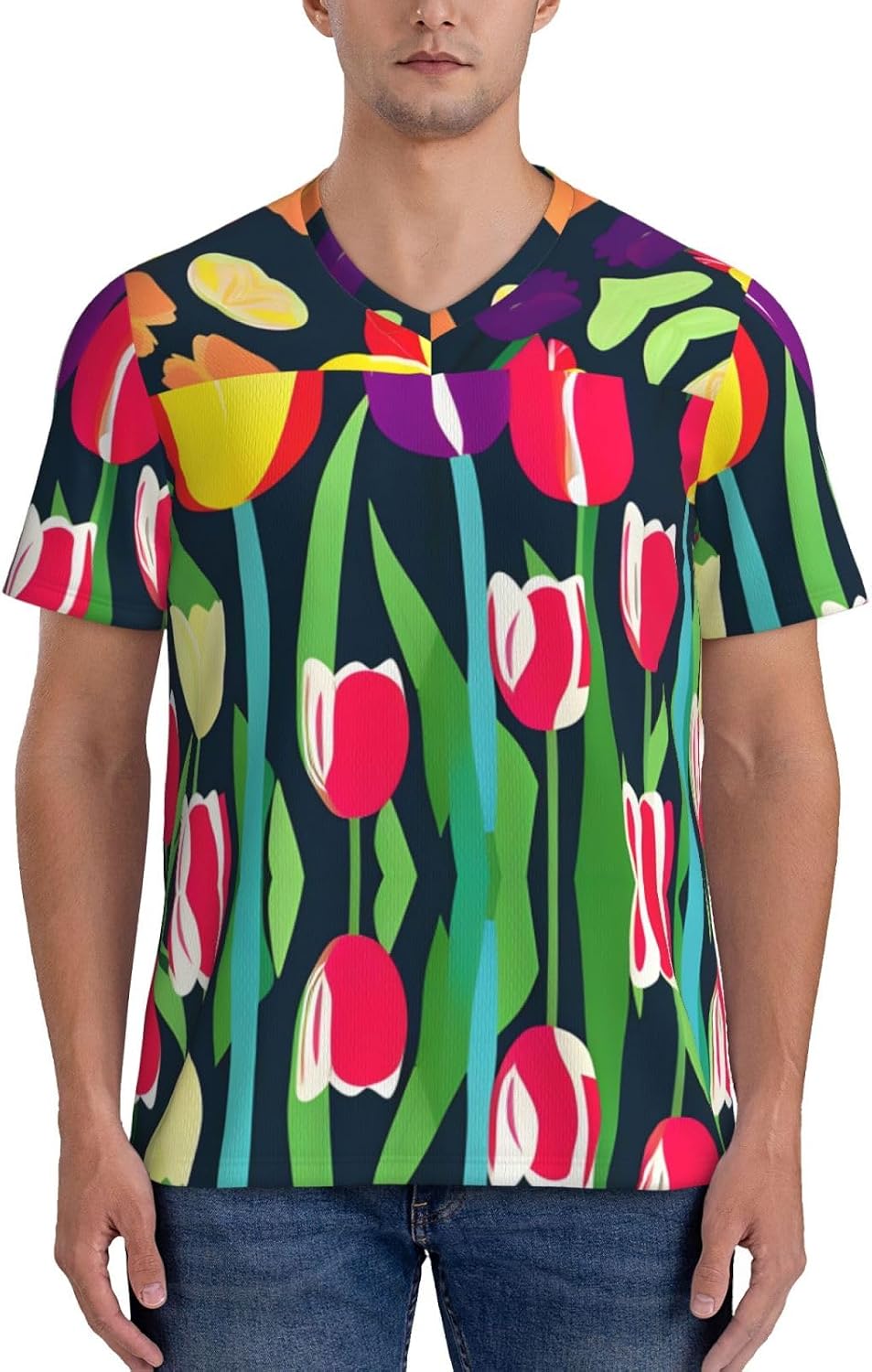 Colorful Tulips Rugby Football Jersey for Men, Comfortable V-Neck Loose Fit Top for Team Sports Athletics