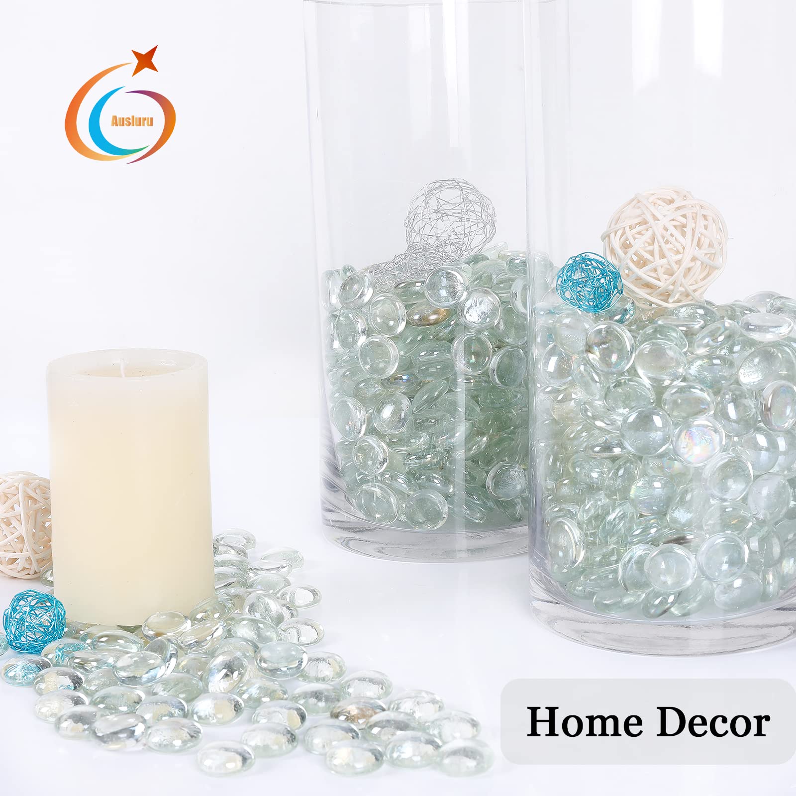 Pierres précieuses en verre plates de 2,3 kg, perles rondes en verre pour remplissage de vase, idéales pour aquariums, plantes hydroponiques, décoration d'intérieur, cheminée et loisirs