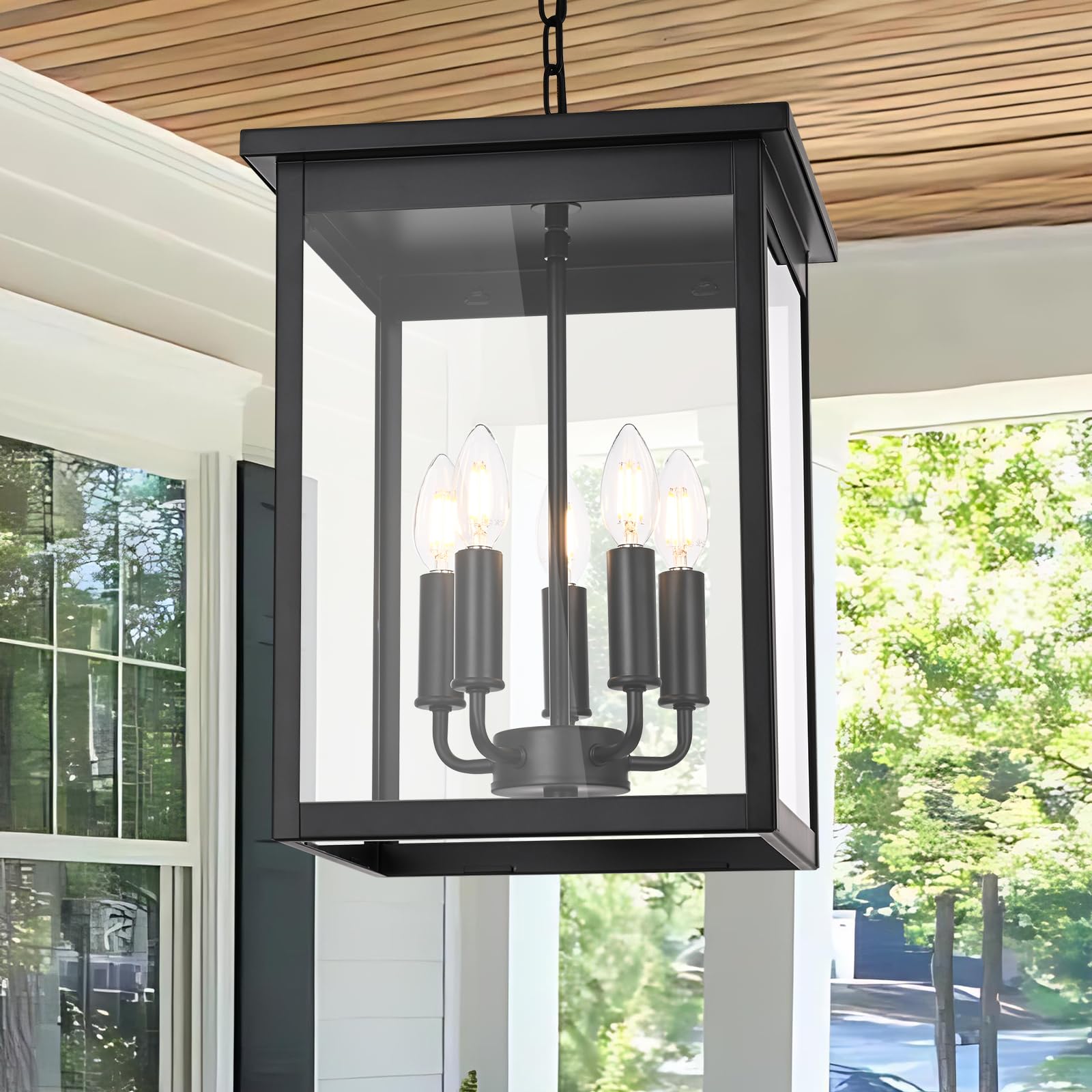 5 Lights Outdoor Pendant Light, Black Outside Chandelier, Exterior Hanging Fixture, Ceiling Mount with Clear Glass Shade Hanging Lantern Light Adjustable Pendant Light for Outdoor Hallway
