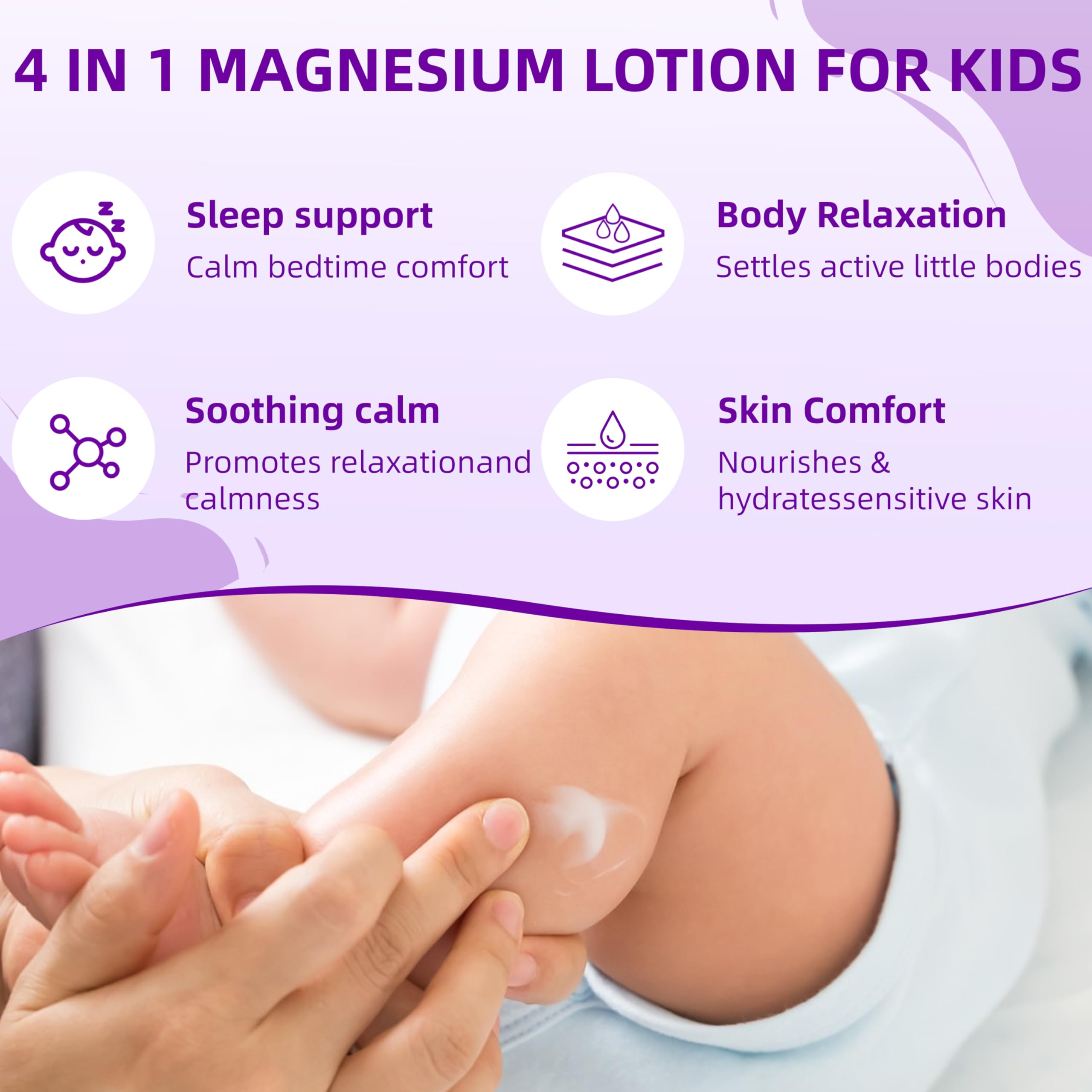 Magnesium Lotion for Kids & Babies, Lavender Magnesium Cream for Sleep, Soothing Relief & Relaxation, Topical Magnesium buttur, Apply to Legs, Arms, Stay Calm at During The Night (4 oz, Lavender)