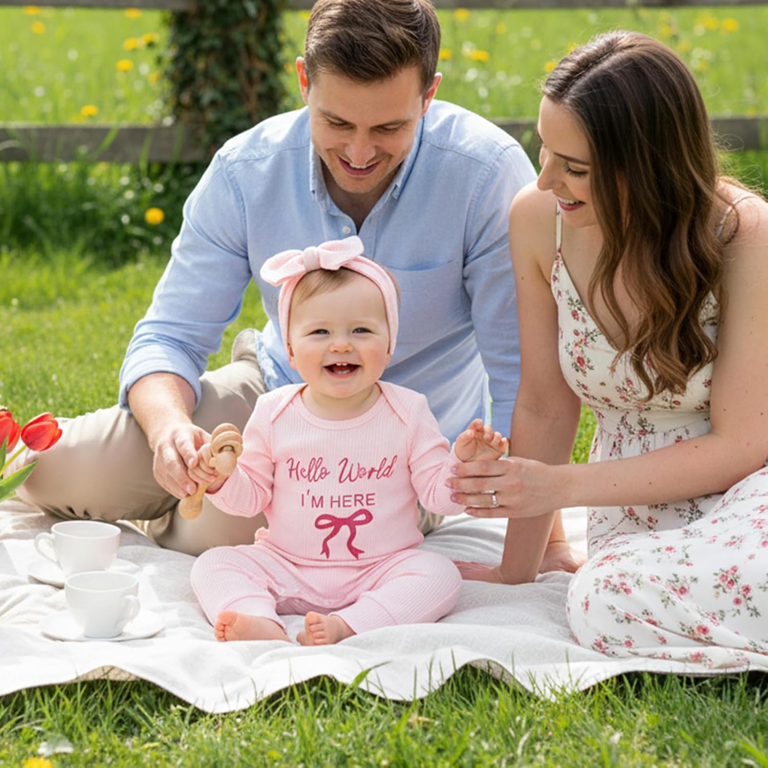 Newborn Baby Girl Coming Going Home Clothes She's Here Bow Embroidery Knit Romper Onesie Fall Winter Outfit - Image 4