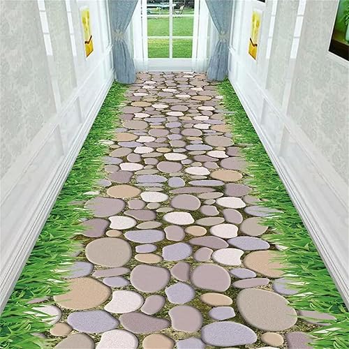 Alfombra de pasillo con ilusión 3D, alfombra con estampado de camino de piedra verde hierba, estilo pastoral, alfombra decorativa para sala de