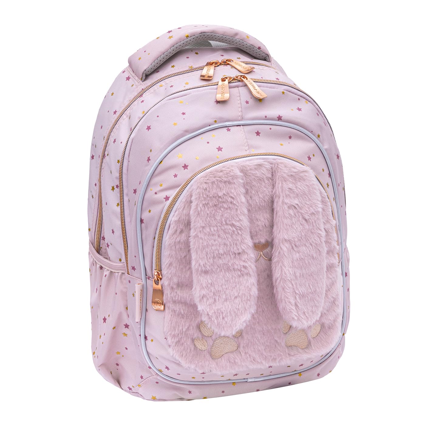 ASTRABAG Plecak Fluffy Bunny, 39x28x15 cm, Złoty/Futrzany, Dla Dziewczynki, Klasa 1-3, Poliester, 20L, Usztywniany, 3 Komory, Szkolny