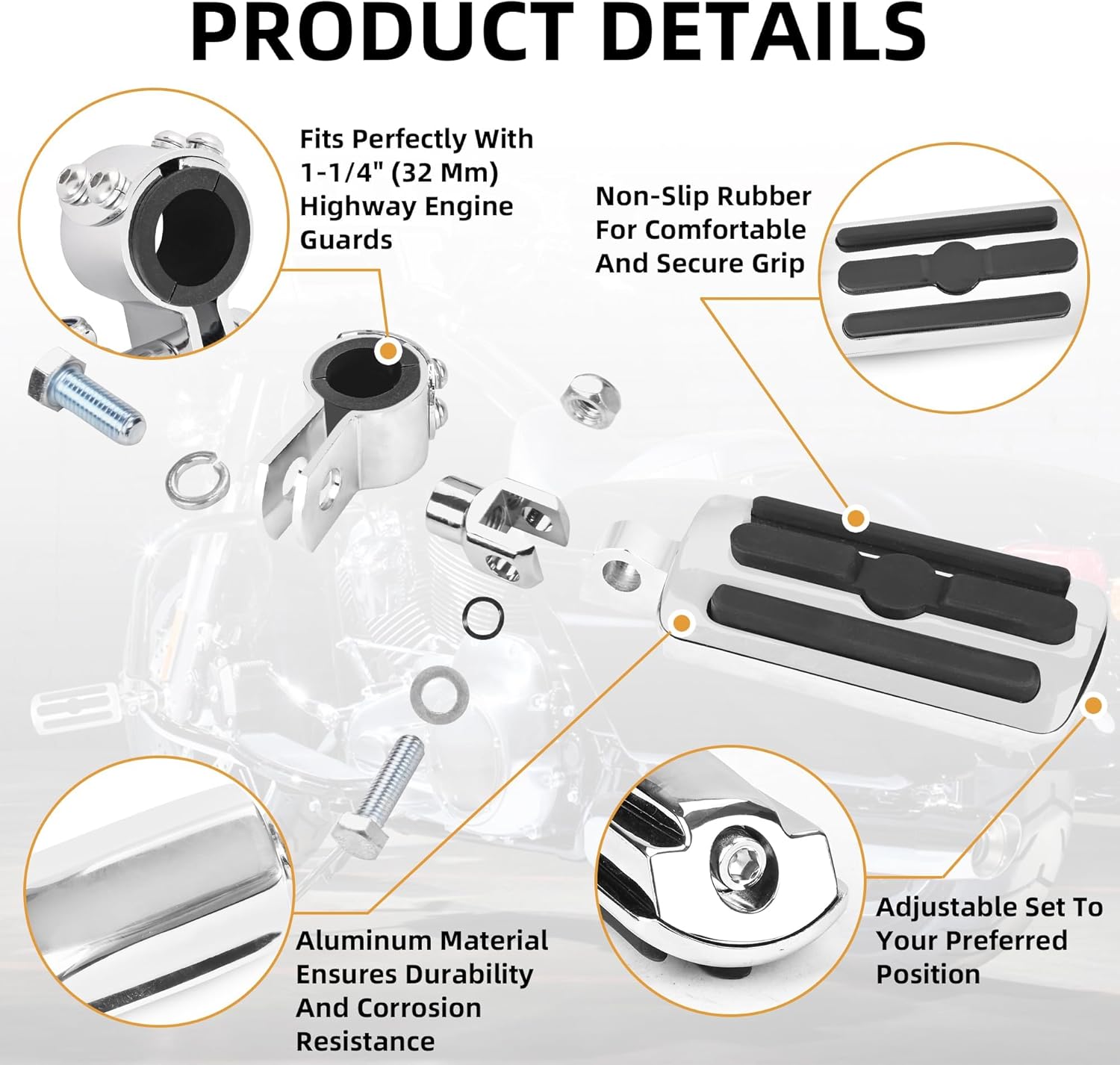 1", 1-1/4", 1-1/3" Inch Motorcycle Highway Foot Pegs Adjustable Highway Footpegs Footrest Fit for Harley Touring Softail Road King Road Glide Sportster Honda Kawasaki Suzuki Yamaha(Chrome H03)