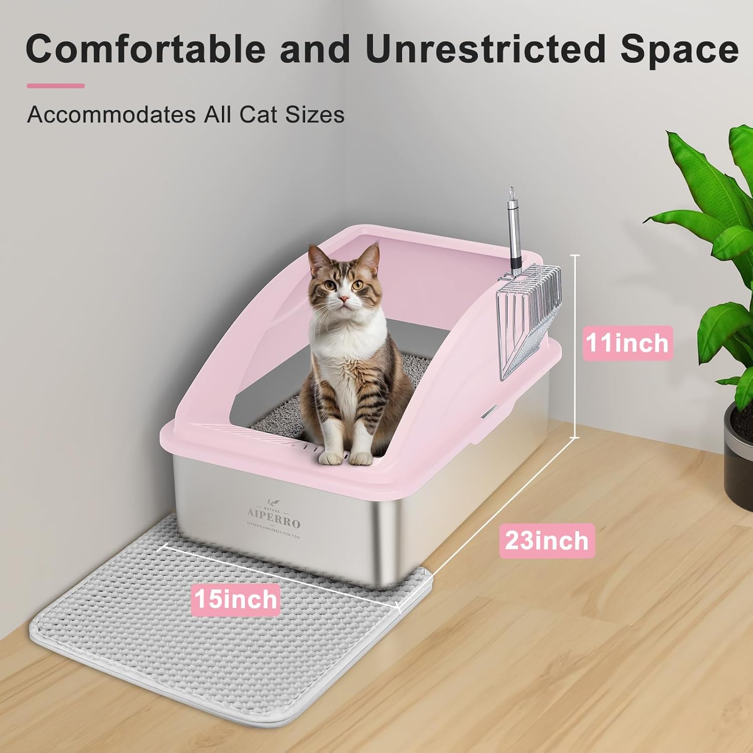 AIPERRO Stainless Steel Litter Box | XL Enclosed Cat Litter Box with Lid for Big Cats | High Sided, Anti-Urine Leakage | Non-Stick Bottom & Includes Litter Mat & Metal Scoop | Cute Pink