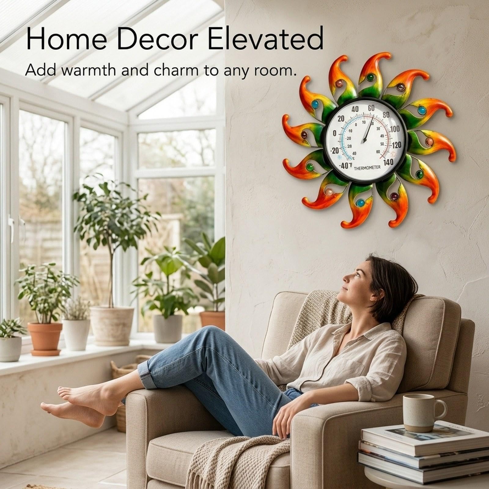 Sharplace Termometro da esterno Sun, decorativo per giardino, regalo di compleanno, termometro da parete in metallo a forma di girasole per cortile e giardino, Orangina